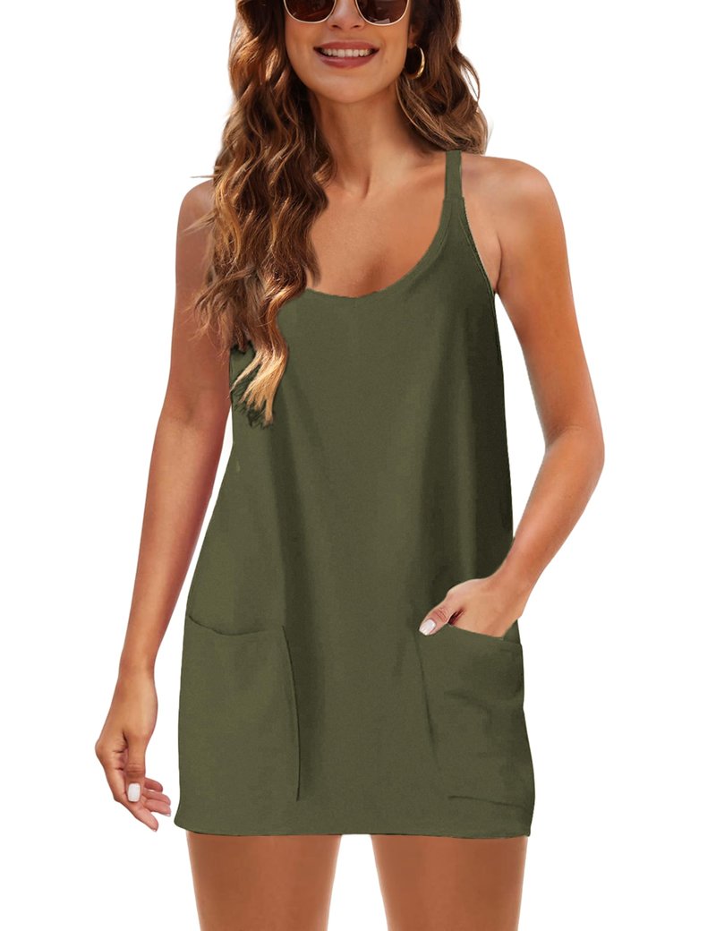 Lentta Womens Athletic Sleeveless Mini Dress with Built-in Shorts V Neck Spaghetti Strap Sundress(ArmyGreen-XXL)