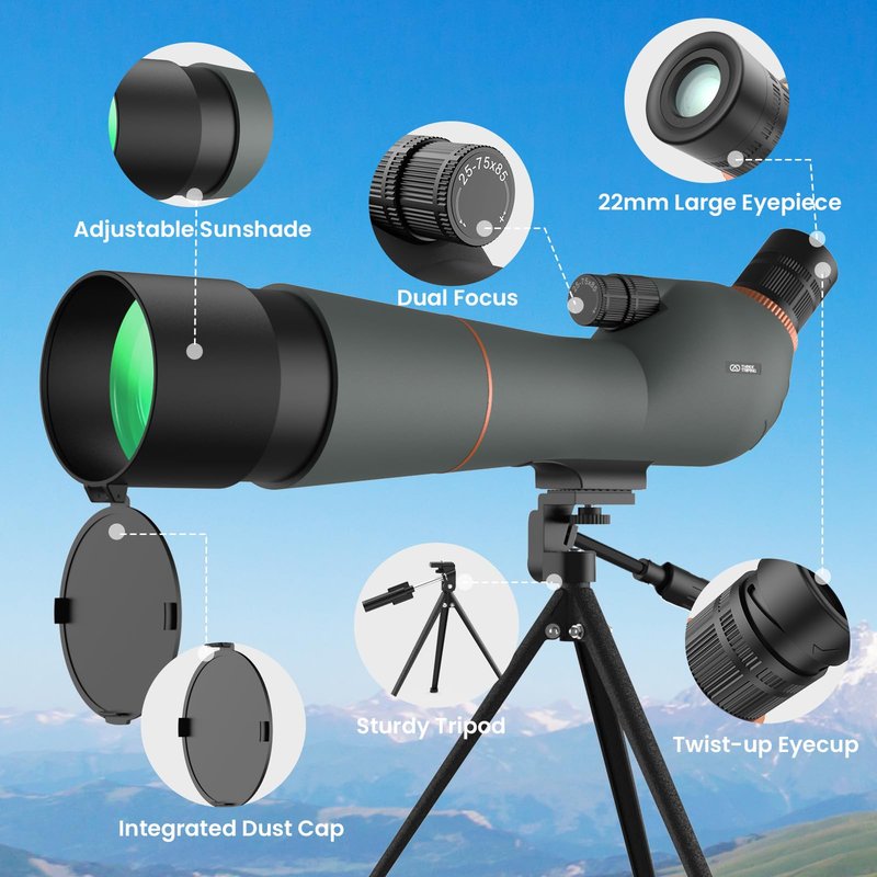 Three Triping Spotting Scope 25-75×85 - Dual Focusing Spotter Scope, with Tripod & Phone Adapter, Ideal for Bird Watching & Wildlife Observing