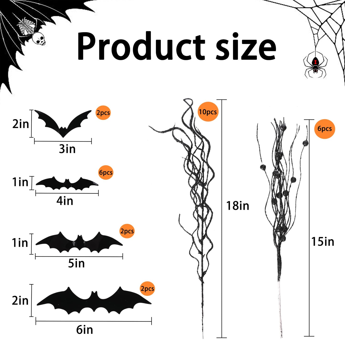 16 Pcs Artificial Halloween Branches Picks Ornaments with 12 Pcs Bats- Fake Black Berry Stems Curly Willow Branches- Faux Glitter Black Berries Twig Stems Sticks for Halloween Christmas Home Decor