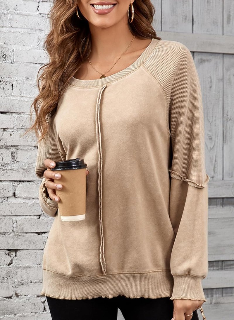 Women's Oversized Crewneck Sweatshirt - Casual Off-The-Shoulder Waffle Knit Pullover