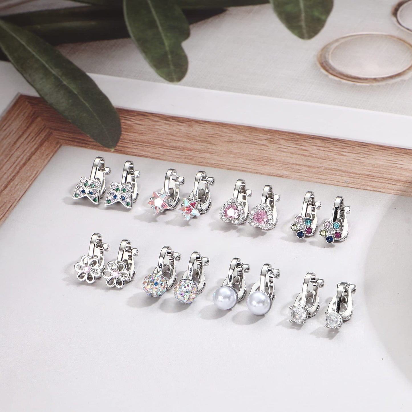 FASACCO 8-10Pairs Clip on Earrings for Girls Colorful Crystal Non-Piercied Earrings Cute Flower Heart Butterfly Pearl Clip-on Earrings
