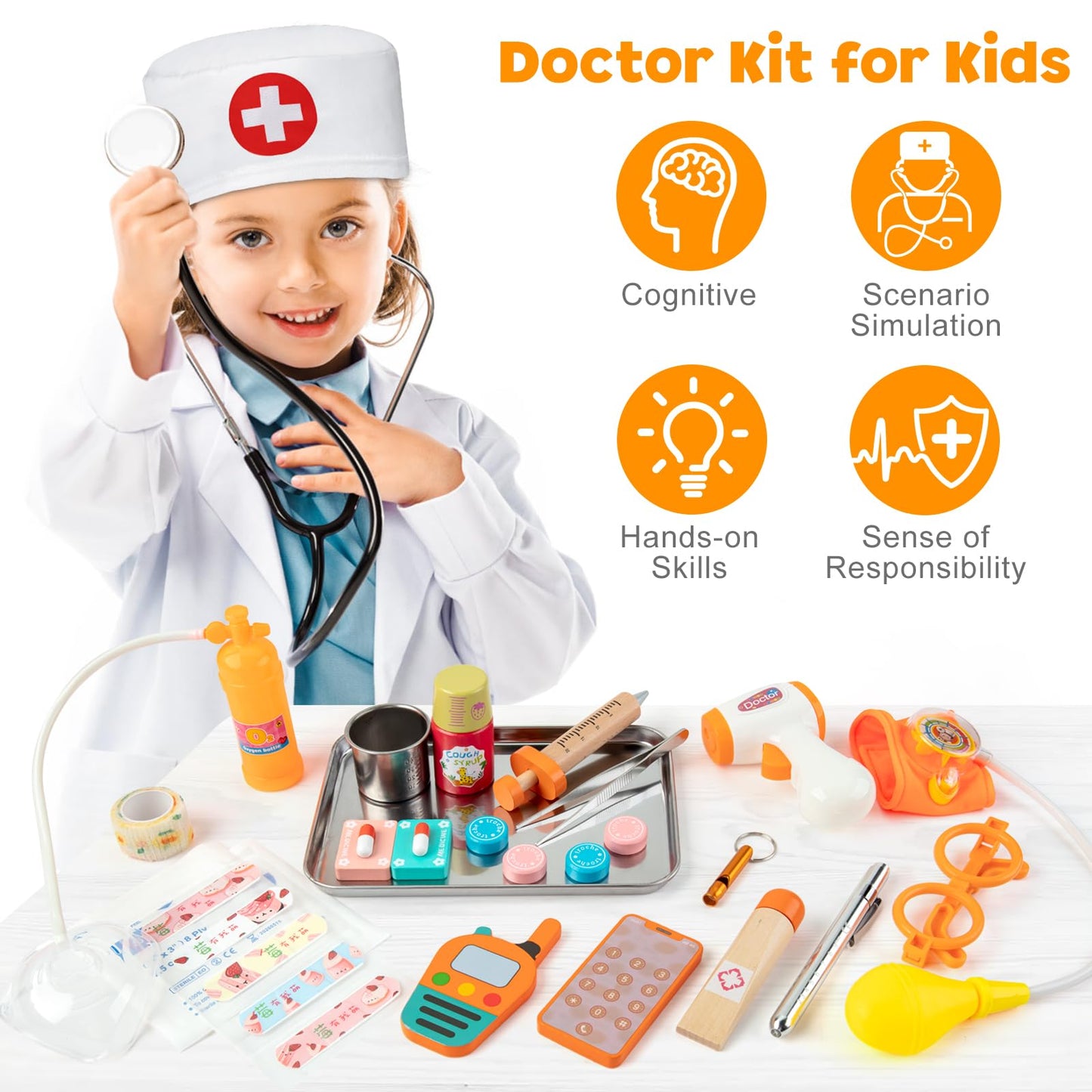 EFO SHM Doctors Set for Kids, Wooden 34-piece Kids Doctors Kit, with Real Stethoscope Portable Doctors Bag and Wooden Syringe, Role Play Toys for 3 4 5 6 Year Old Girls and Boys