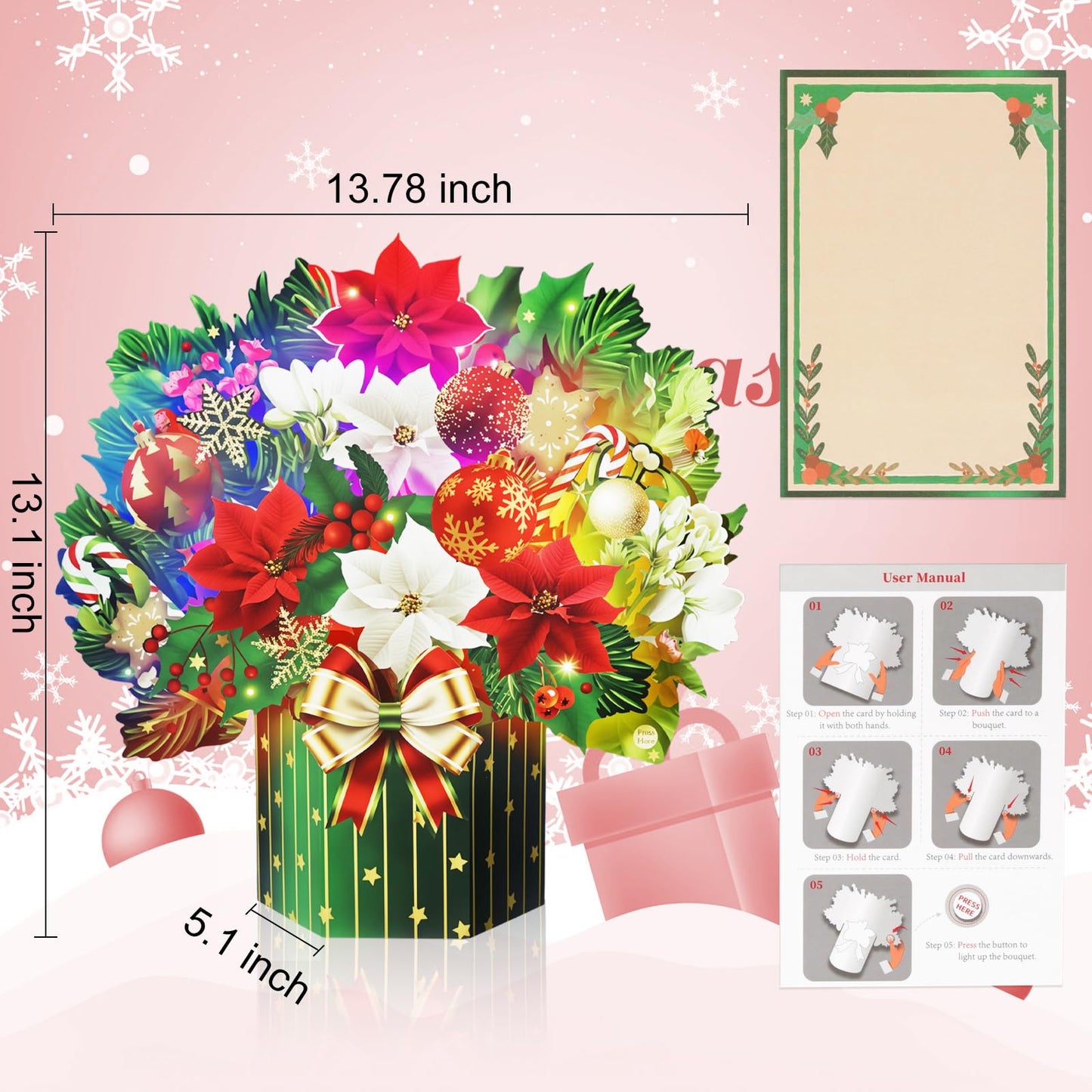 Yinqing Christmas Cards, Light and Music Merry Christmas Cards, 13 Inch Life Sized Forever Flower Bouquet 3D Pop Up Xmas Gift Card for Women Wife Mom Daughter Sister