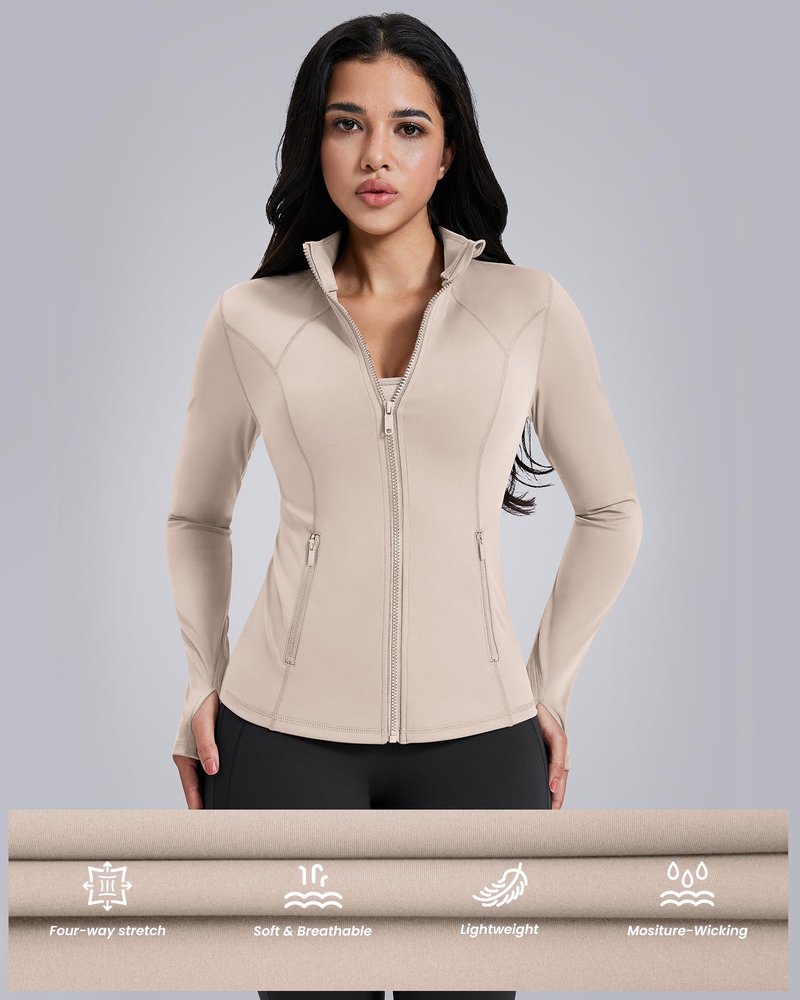 AVGO Womens Workout Jackets Lightweight Athletic Zip Up Jacket Slim Fit Running Gym Top with Pockets & Thumb Holes(Almond, S)