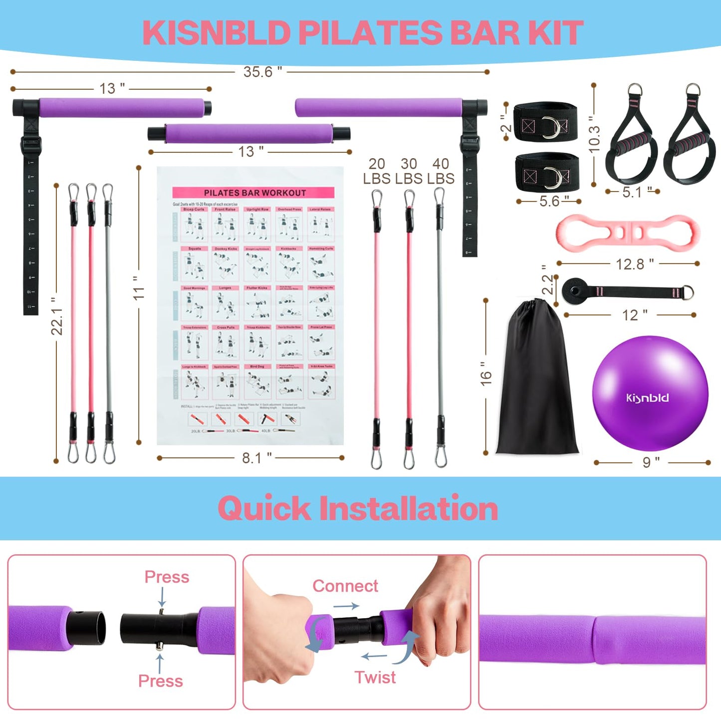 kisnbld Pilates Bar Kit with Resistance Bands, Multifunctional Pilates Bar with 3 Set Exercise Resistance Bands, Portable Pilates Equipment for Women Home Gym Yoga Workouts
