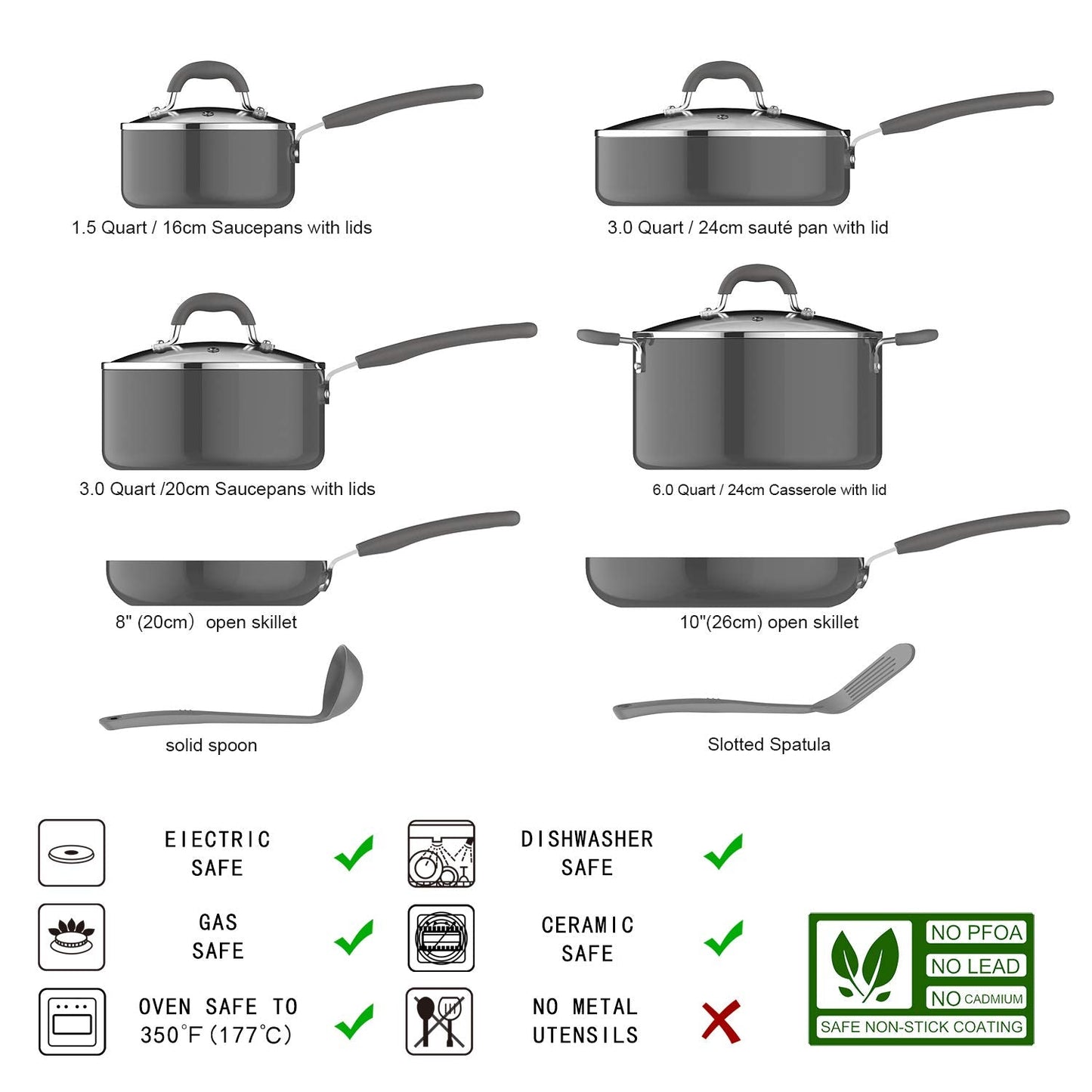 Amazon Basics Ceramic Non-Stick 12-Piece Cookware Set, Gray - Pots, Pans and Utensils