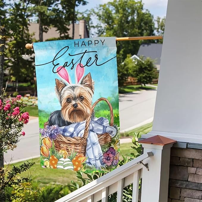 Yorkshire Terrier Happy Easter Flower Bunny Cute Egg Garden Flag Welcome Party Outdoor Outside Decorations Picks Home House Garden Yard Decor 12x18 Inch