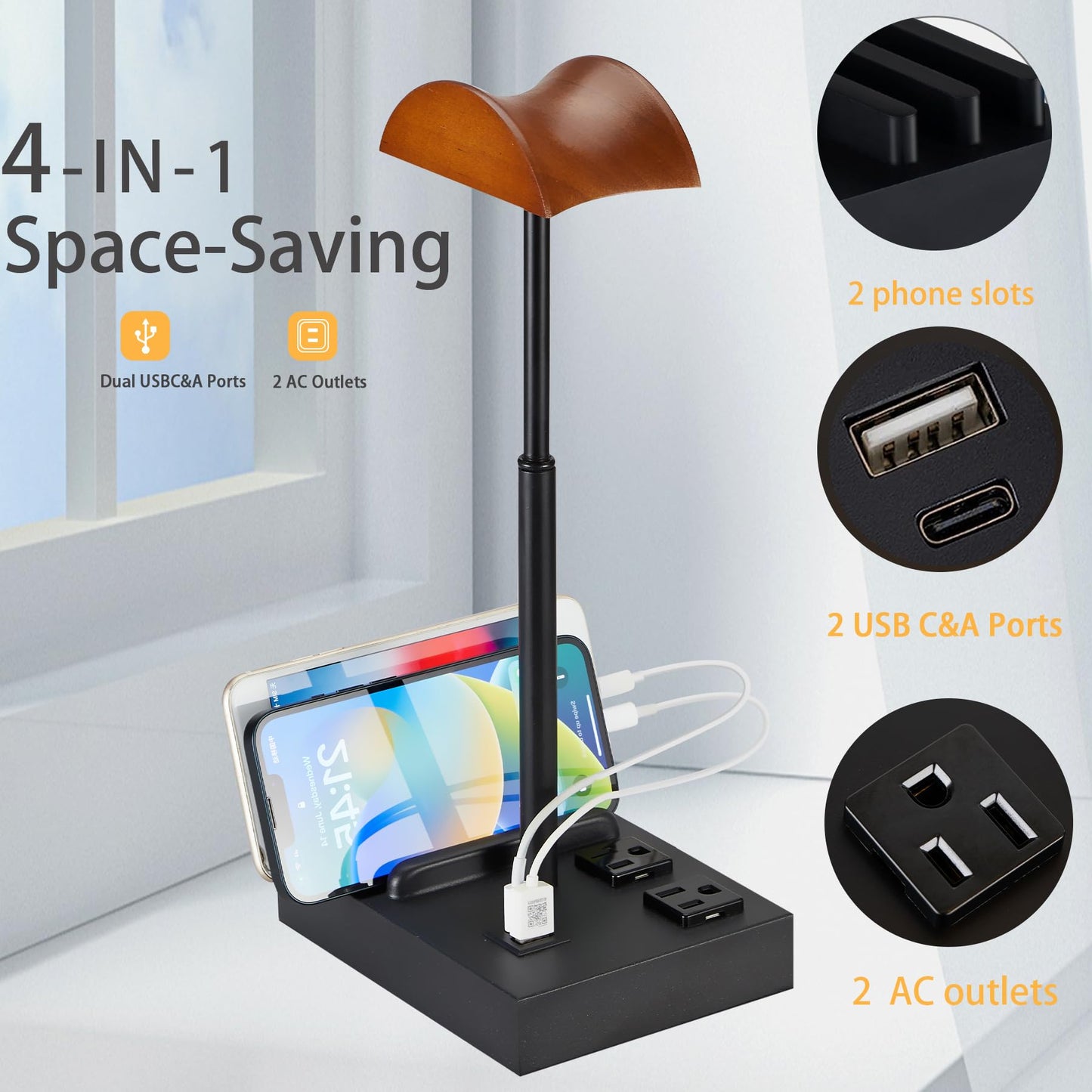 CASTLELIFE Headphone Stand Desktop Gaming Headset Holder with 2 AC Outlets and USB C&A Ports, Charging Station&Phone Stands, Wood Earphone Table Game Accessories for Desktop Gamer, Black