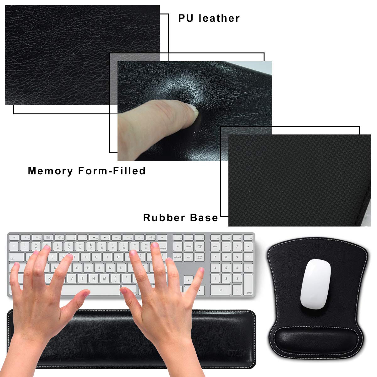 Cacoy Ergonomic PU Leather Keyboard Wrist Rest and Mouse Pad Wrist Support Set Memory Form-Filled and Non-Slip Base Easy-Typing and Pain Relief Wrist Rest for Office Computer Laptop (Black)