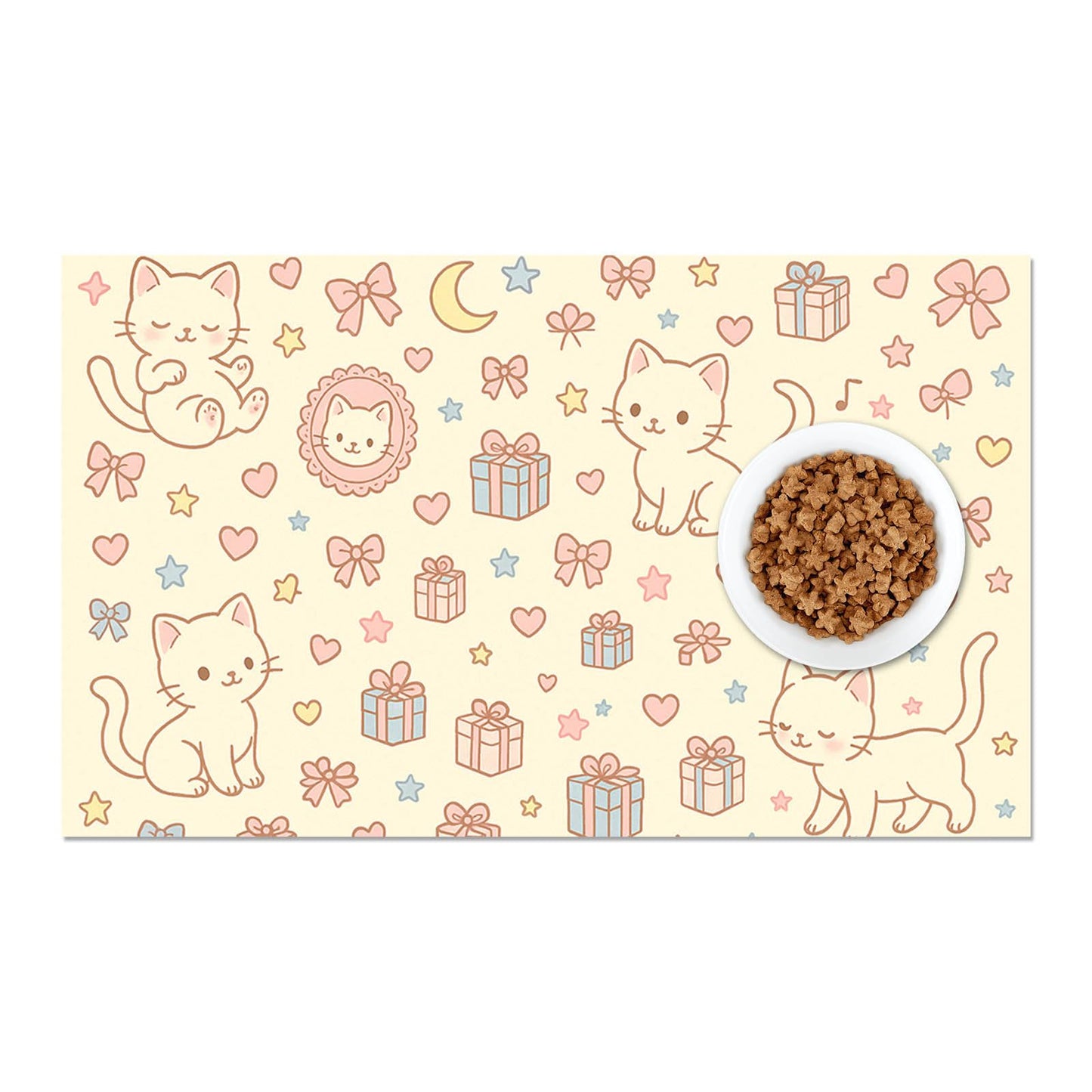 HOMETITUTE Cute Cat Pet Feeding Mat Adorable Kitten Food Placemat with Gift Bow and Star Print for Dogs and Cats Sweet Non Slip Mat for Dog Cat Food and Water Bowls Home Kitchen Decoration 20" x 12"