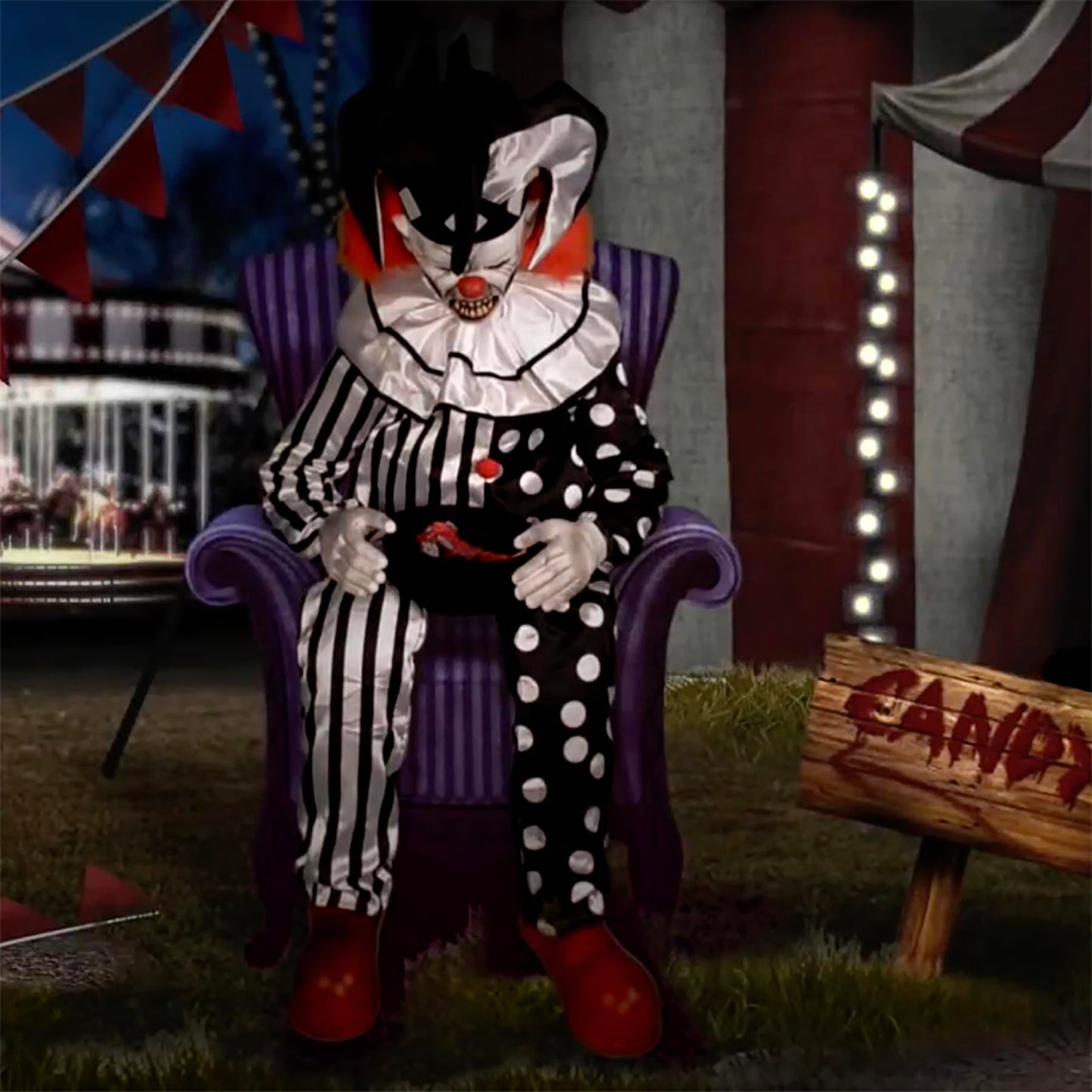 Haunted Hill Farm Hartley The Sitting Scare Clown by Tekky, Motion-Activated Talking Jump-Scare Halloween Animatronic for Halloween Party Prank Decoration, Plug-in or Battery Operated Halloween Props