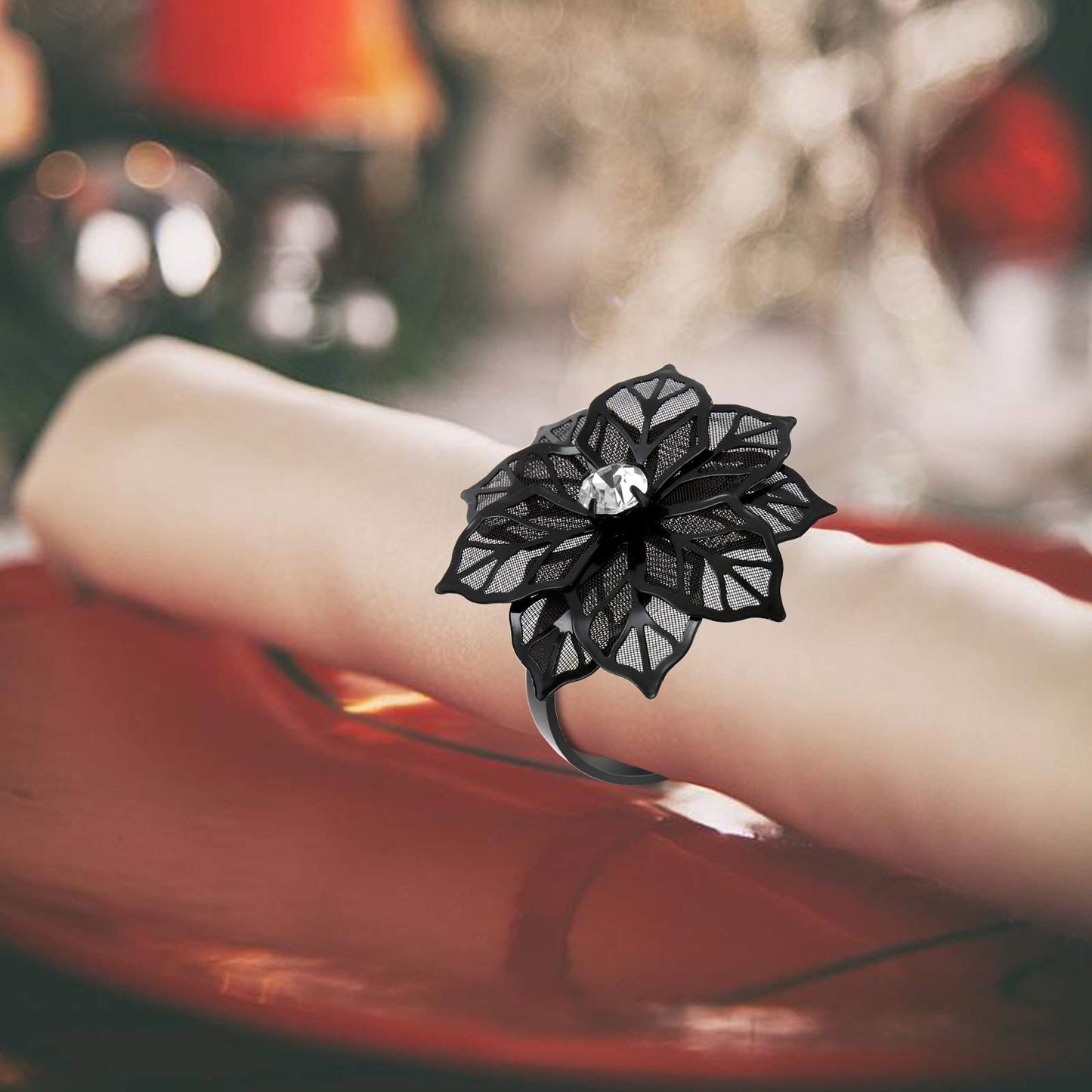 BEAVOING Pack of 18 Napkin Rings Alloy Hollow Out Flower Napkin Holder Dinning Table Napkin Ring for Dinner Parties Wedding Banquet Table Setting Family Gatherings Table Decor (Black Flower, 18)