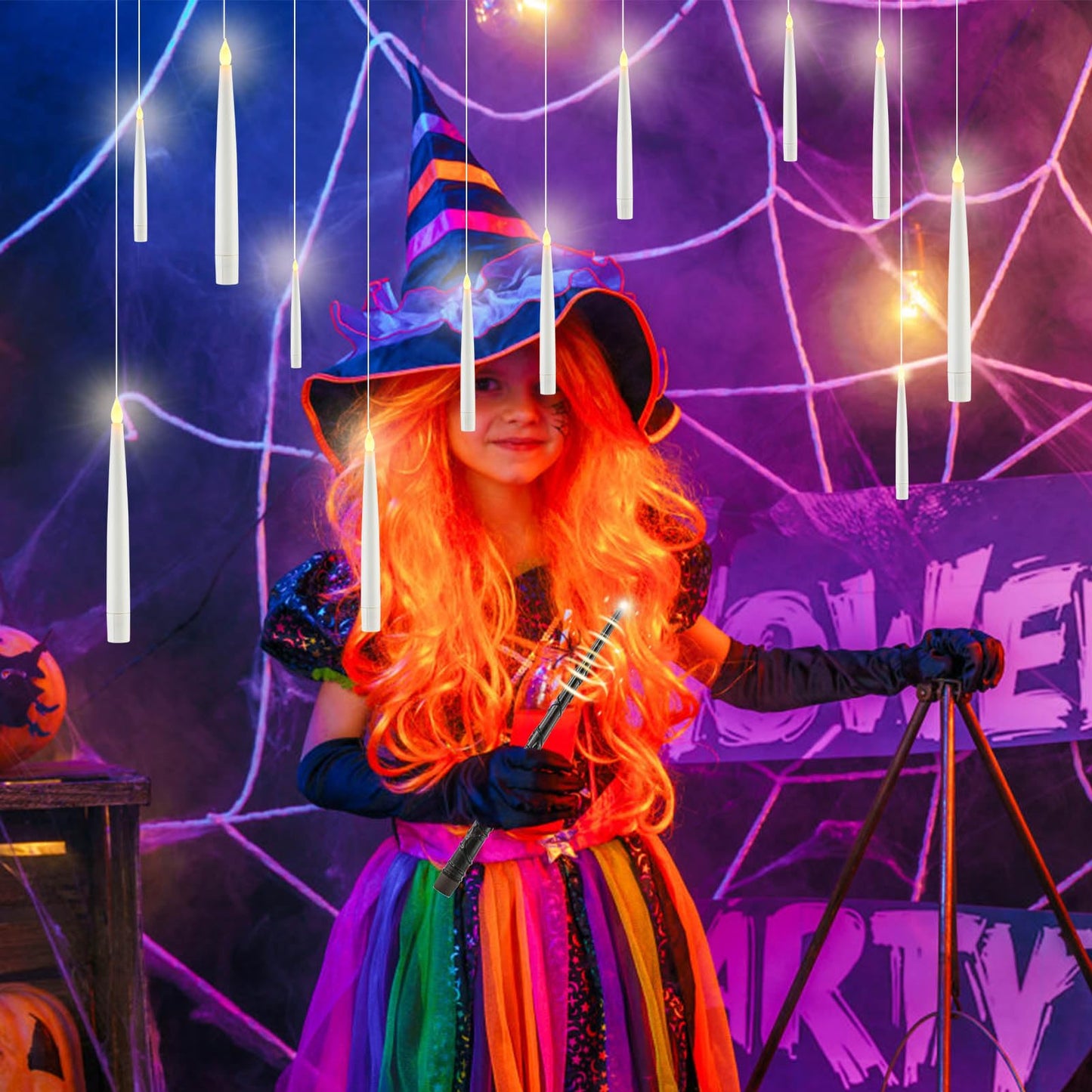 JOSU Floating Candles with Wand Remote, 12 Pcs Halloween Decor Magic Hanging Candles, Flickering Flameless LED Taper Candle Battery Operated for Christmas Window Party Home Decorations - White