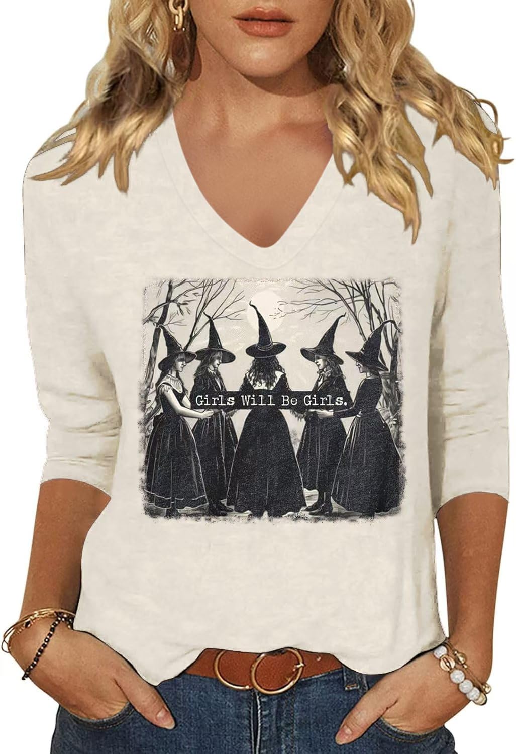 Scgirl Womens Fall Shirts Halloween V Neck 3/4 Length Sleeve Pumpkin T-Shirts Thanksgiving Graphic Tee Tops (L,25B Beige)