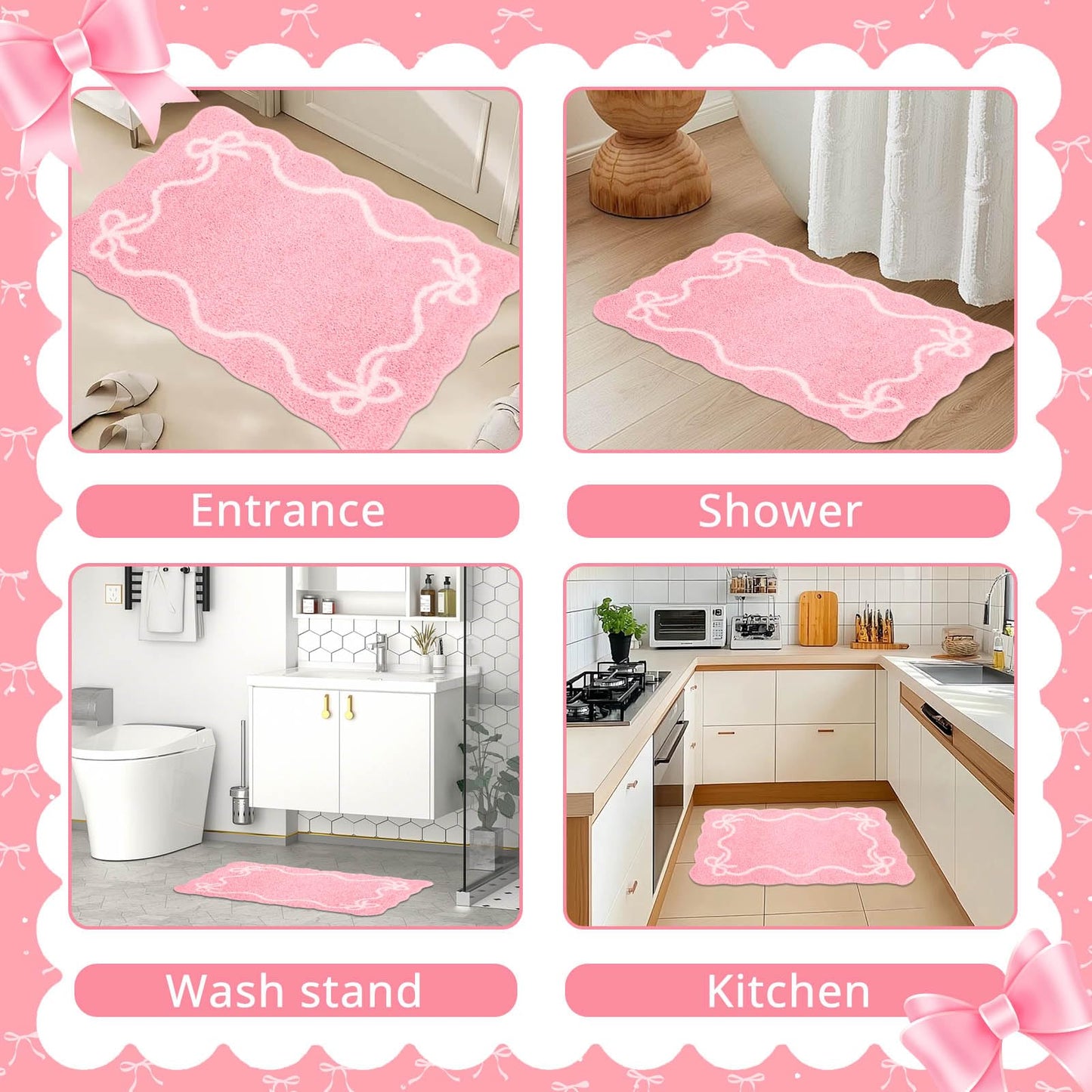 Mocsicka Pink Bow Bath Mat Cute Bow Bathroom Rug Super Soft Absorbent Bathroom Rugs Non Slip Bath Mat Machine Washable Rug for Bathrooms 20x32 inches (Pink, 50x80cm)