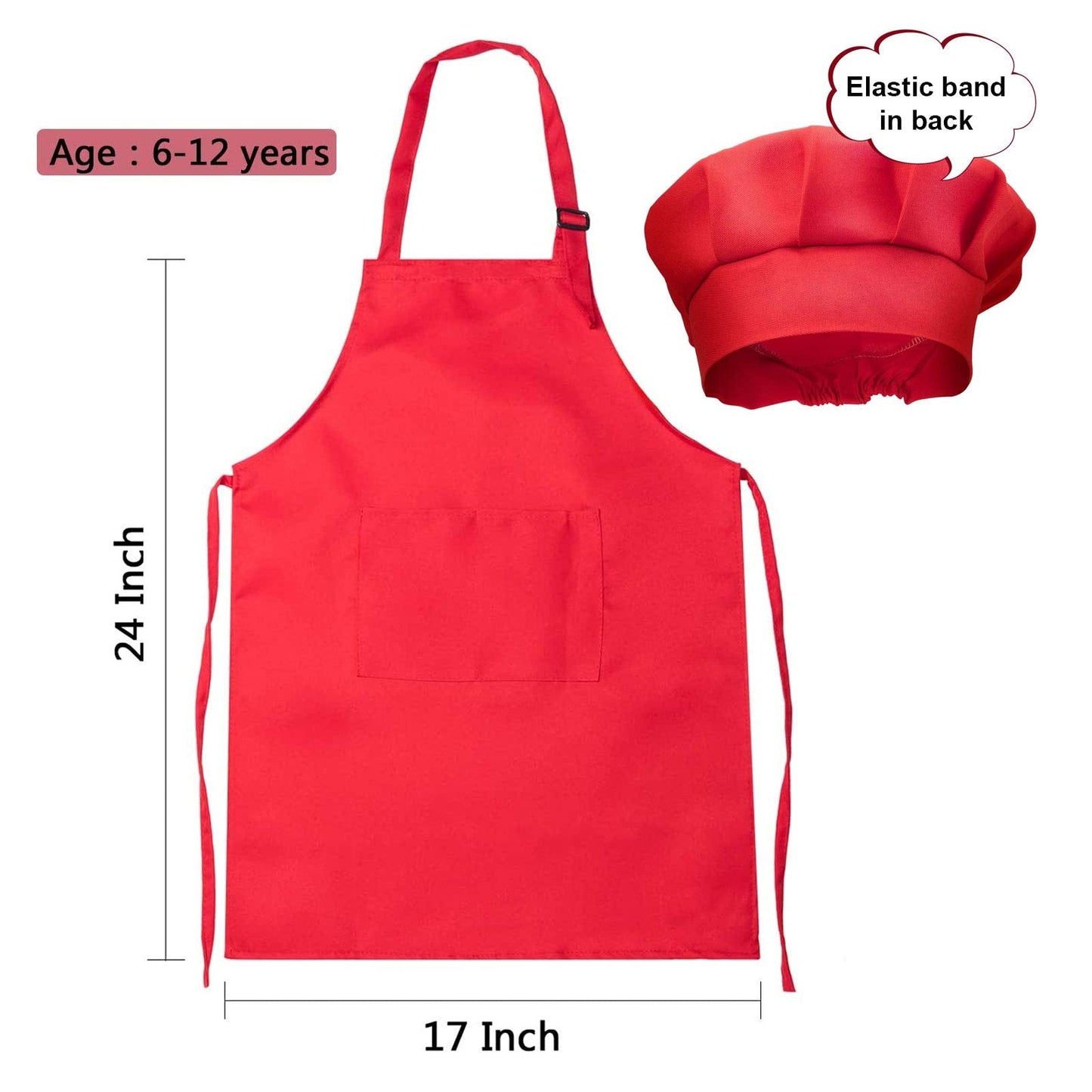 CHENGU 6 Pcs Kids Apron and Chef Hat Set Adjustable Child Apron with 2 Pockets for Boys Girls Toddler Cooking Baking Painting Kitchen, Red, Black, White(Large,Color 1)