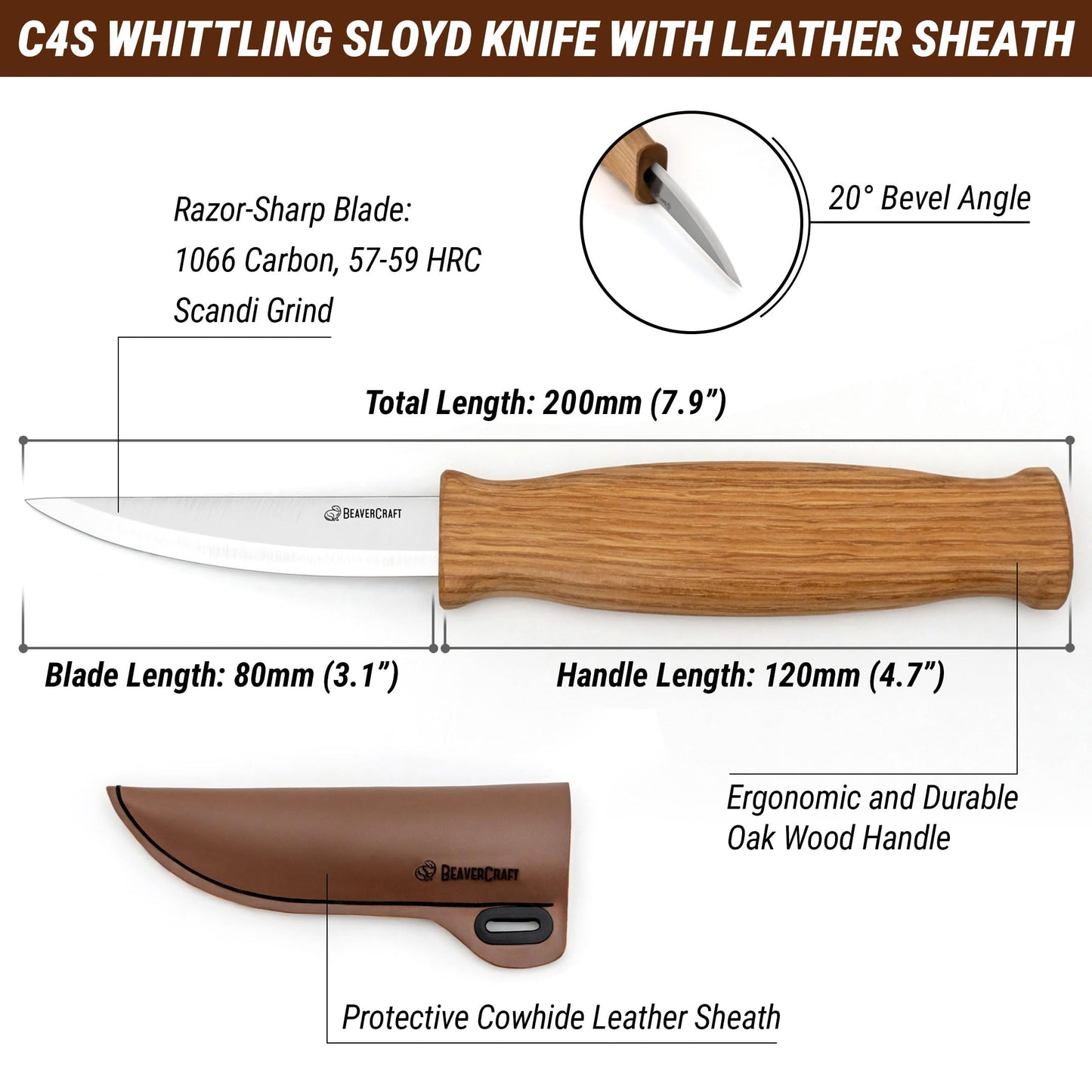 BeaverCraft Wood Carving Sloyd Knife C4s 3" - Whittling Knife with Leather Sheath for Carvers - Chip Wood Carving Tools for Beginner and Profi
