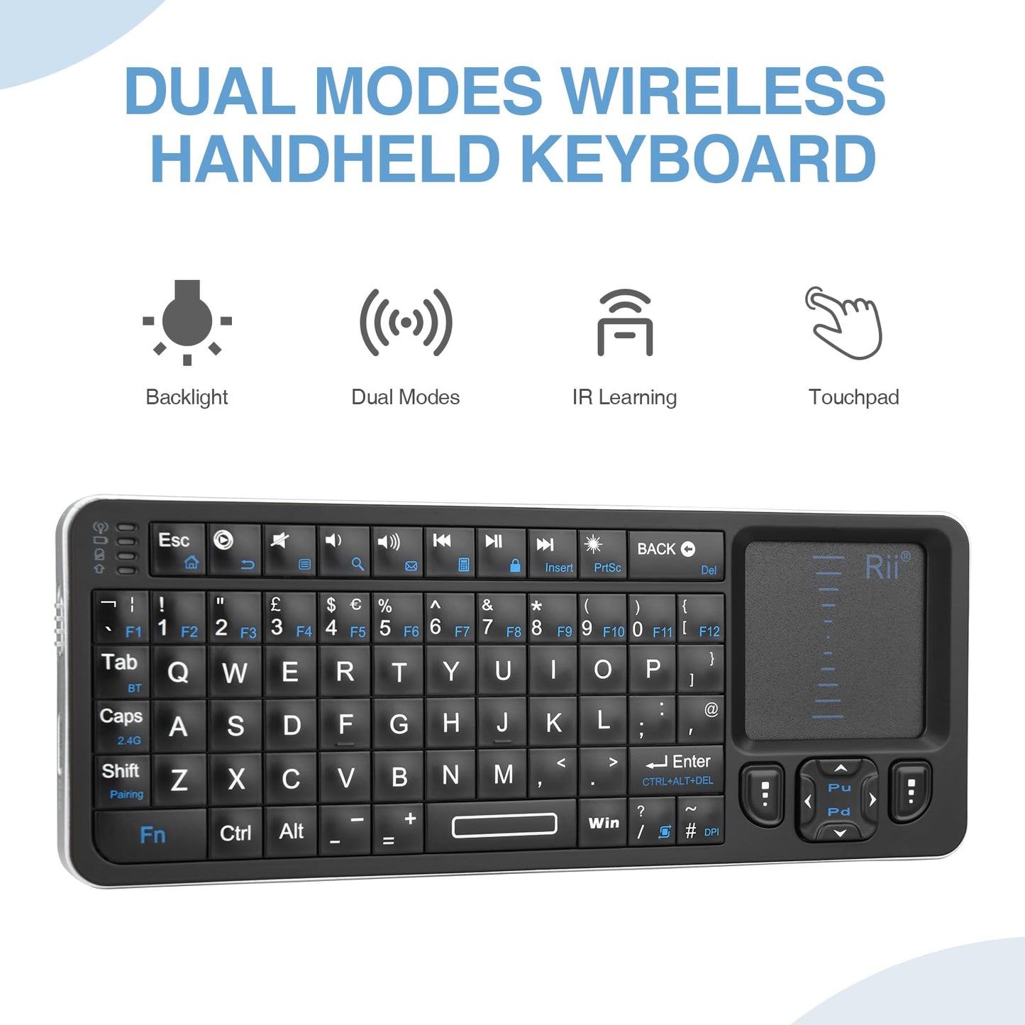 Rii Mini Wireless Keyboard with Trackpad, IR Remote, Small Keyboard for Home Entertainment, Smart TV, Mac, Laptop, Windows, Tablet, Projector (2.4G+Bluetooth, Rechargeable, Backlit)