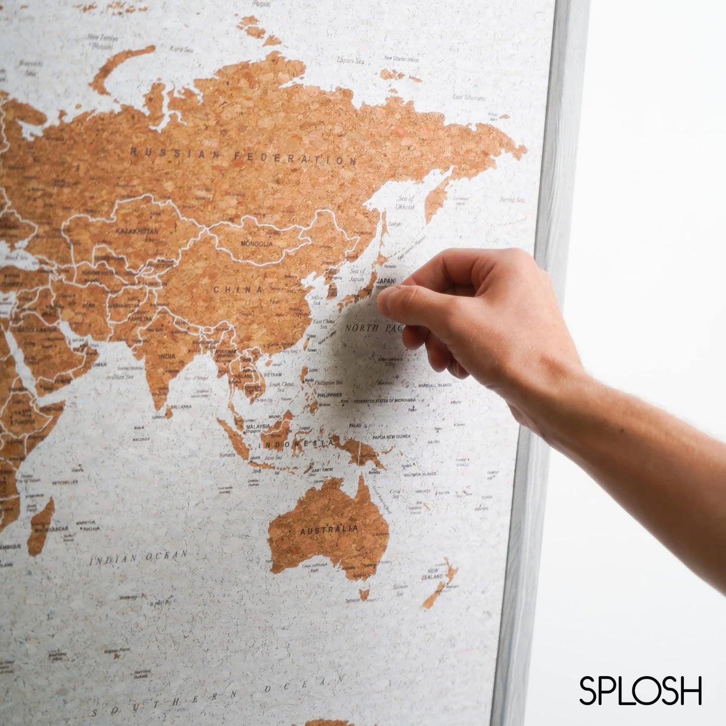 Splosh Framed Travel Map - Grey Small Wooden Pin Board with 100 Pins. Travel Map Cork Board. Wooden World Map, Corkboard Map Travel Gift. Mark your fast & future adventures!