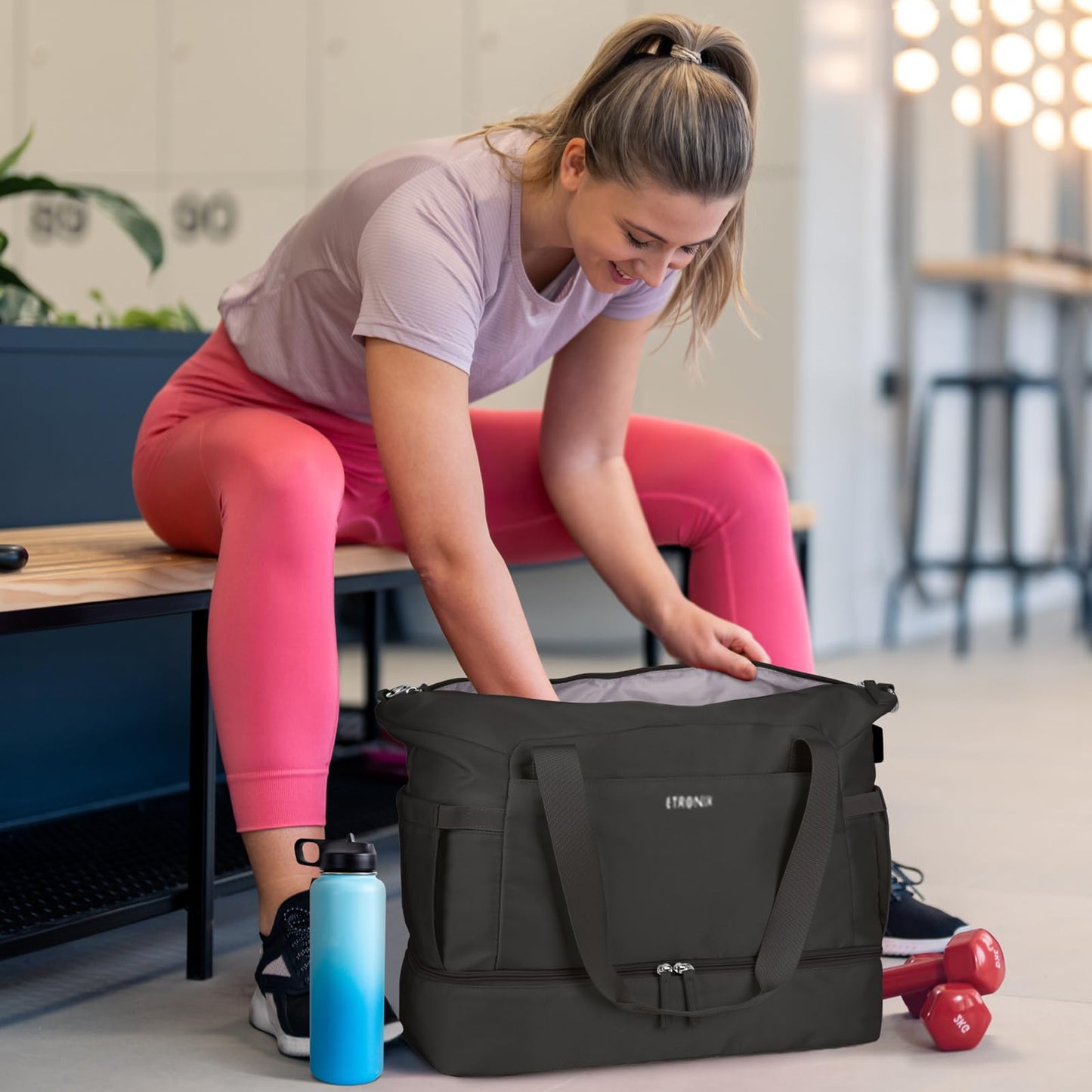 ETRONIK Gym Bag for Women, Personal Item Travel Bag with Shoes Compartment, Weekender Overnight Duffel Bag with Wet Pocket & USB Charging Port, Carry On Bag for Women, Travel, Gym, Weekend (Black)