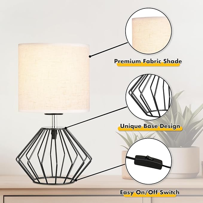 Hamilyeah Bedside Lamps Set of 2 with On/Off Switch, Black Industrial Table Lamps for Night Stands with Beige Linen Fabric Shade