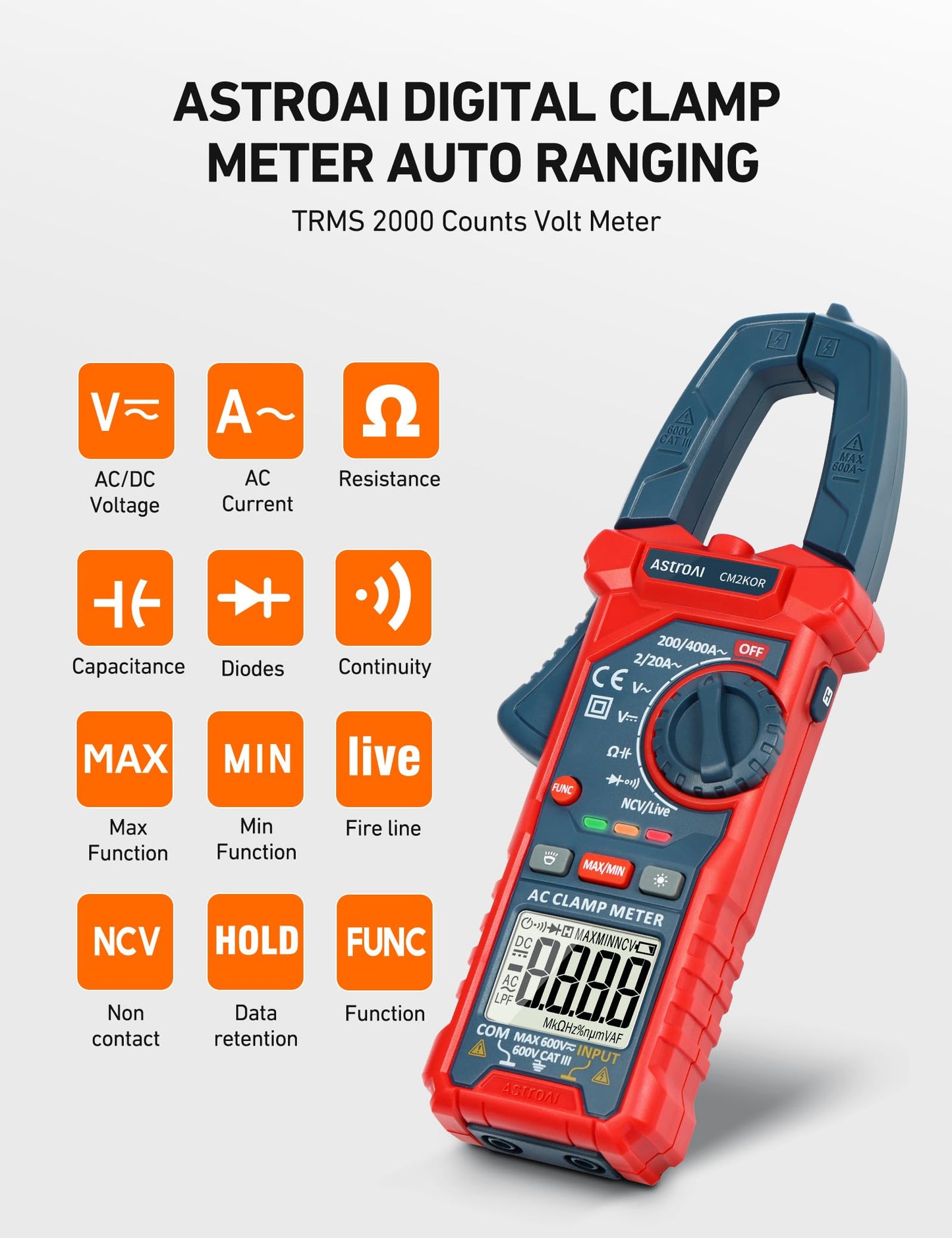 AstroAI Digital Clamp Meter Multimeter 2000 Counts Amp Voltage Tester Auto-ranging with AC/DC Voltage, AC Current, Resistance, Capacitance, Continuity, Live Wire Test, NCV, Blue