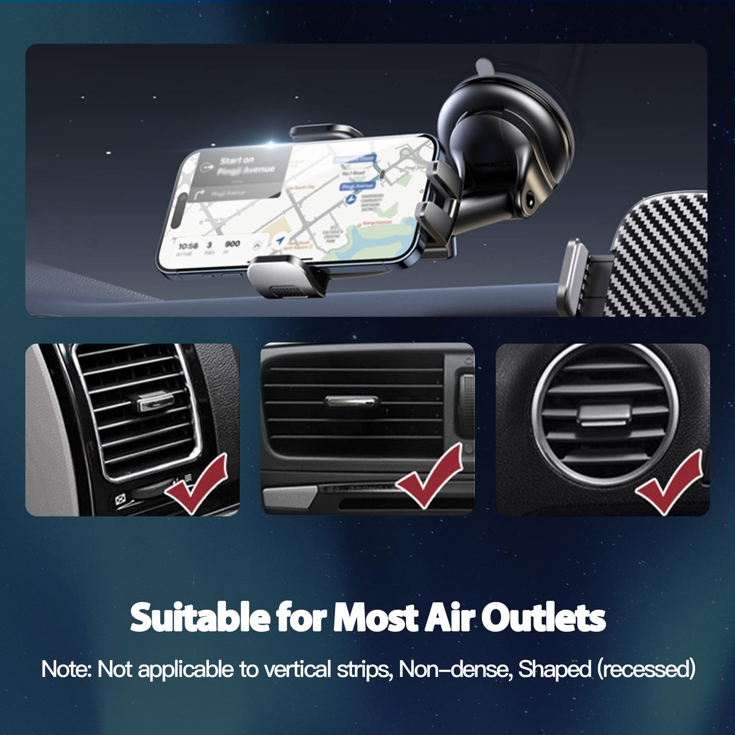 3-in-1 Car Phone Holder Mount Powerful Suction Phone Mount for Car Dashboard Air Vent Windshield,for All iPhone Android Phone (Black)