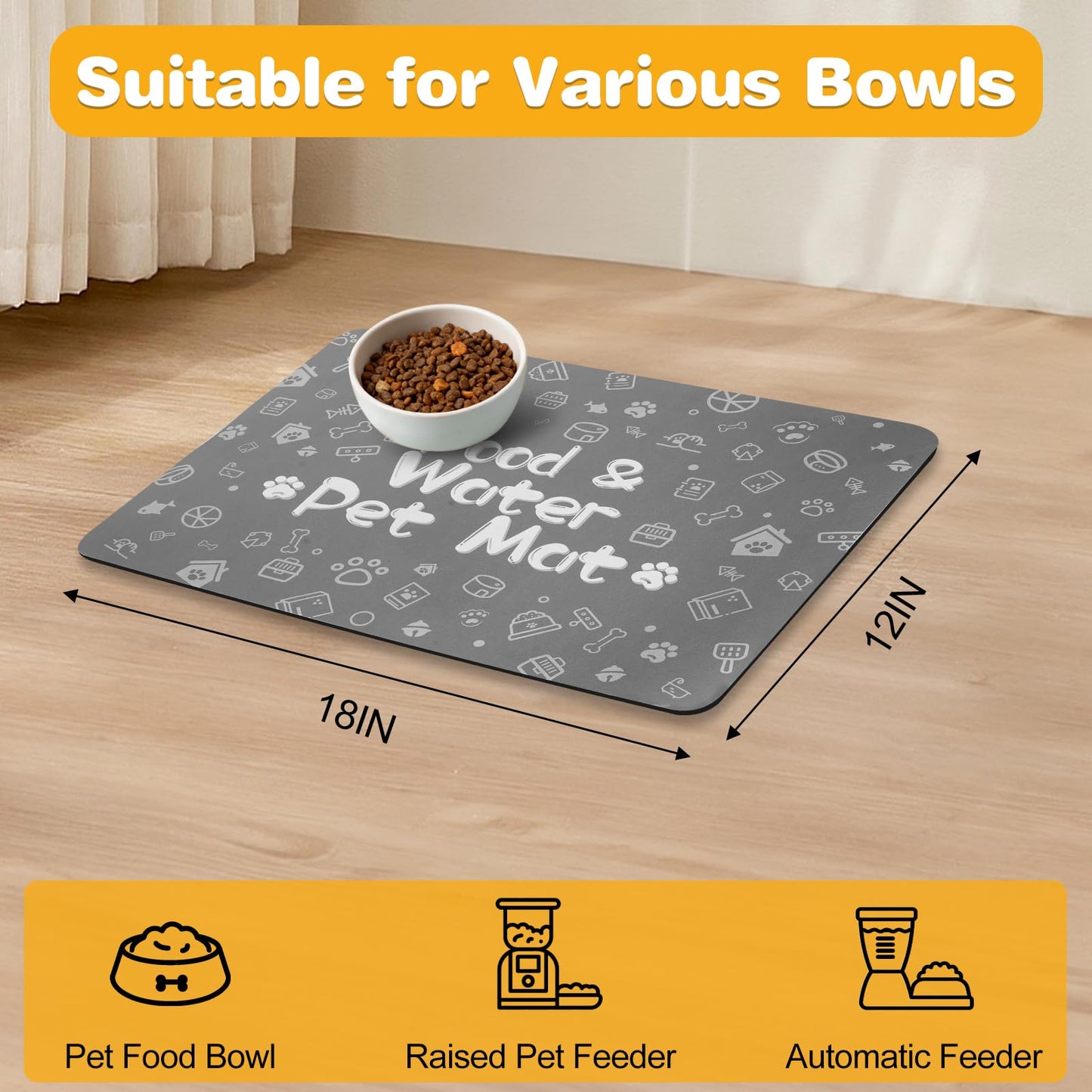 Pet Feeding Mat,Dog Cat Mat for Food and Water,Dog Bowl Waterproof Placemat with Rubber Backing,Absorbent Quick Dry Water Dispenser Mat for Pet(Dark Gray 12"×18")