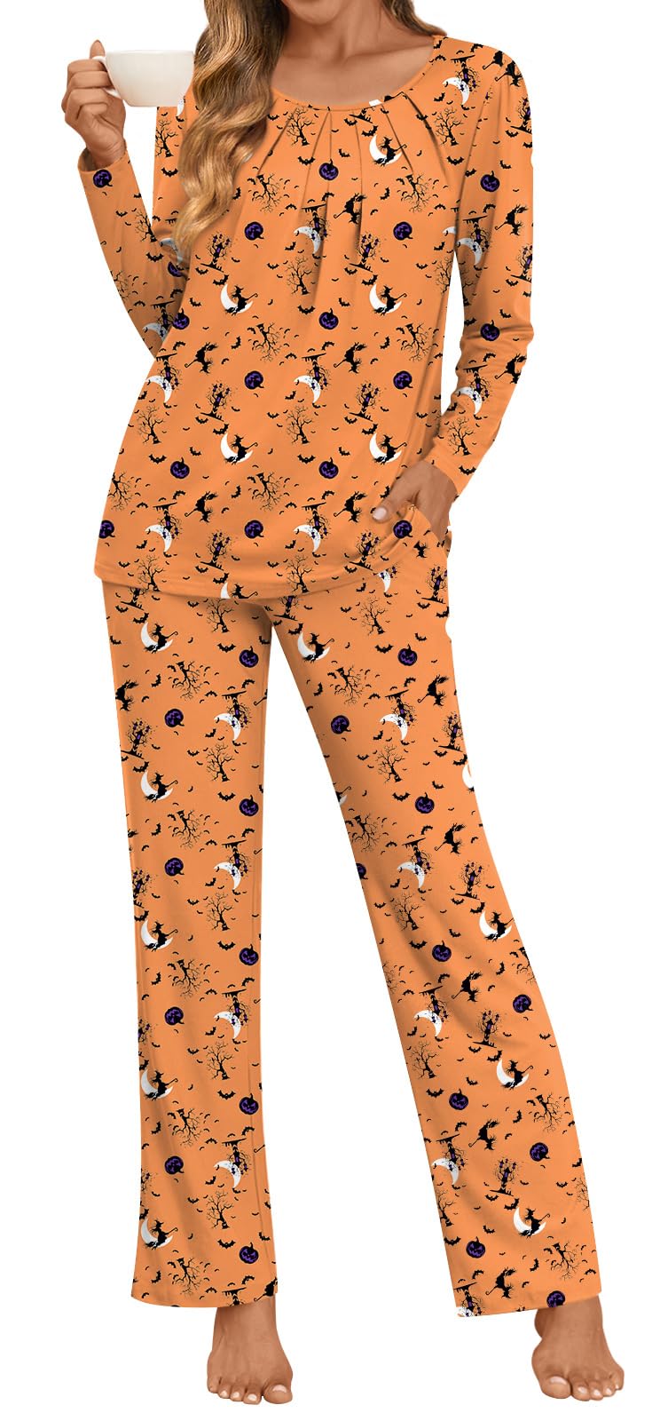 Anymeet Soft Fall Long Pajama Set Sleeve Two Piece for Women Fit Lounge Sleepwear Ladies Pjs Sets Yellow Halloween Elements Plus Size 3X-Large