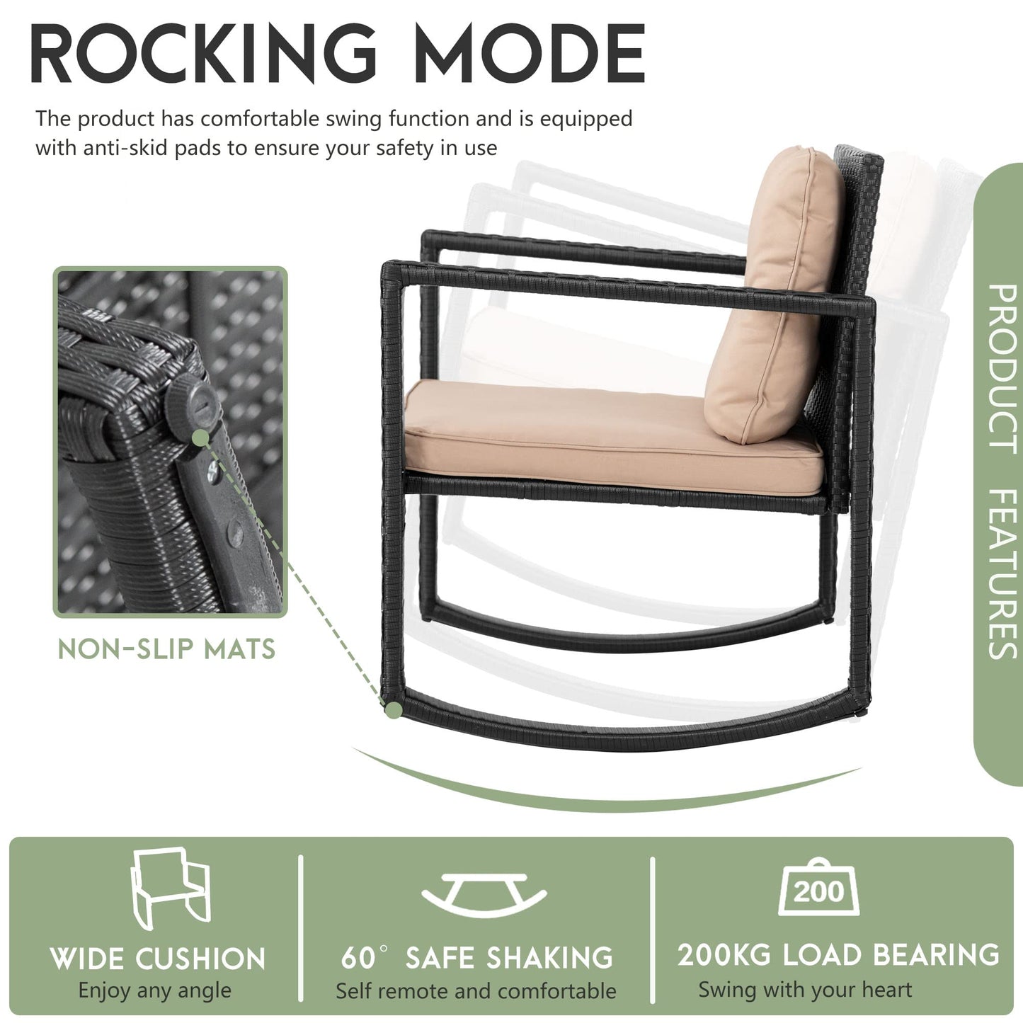 FDW Wicker Patio Furniture Outdoor Bistro Set, Rocking Chair, 3 Piece, Rattan Conversation Set for Backyard Porch Poolside Lawn with Coffee Table,Black