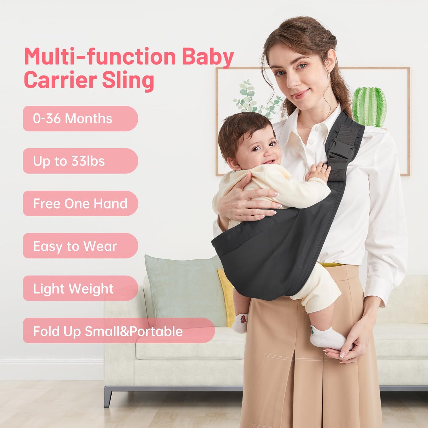 Mumgaroo Baby Sling, Adjustable Toddler Carrier Sling, Breathable Baby Sling Carrier with Thick Shoulder Straps for Newborn, Infant, Toddler, 0-36 Months (Black)