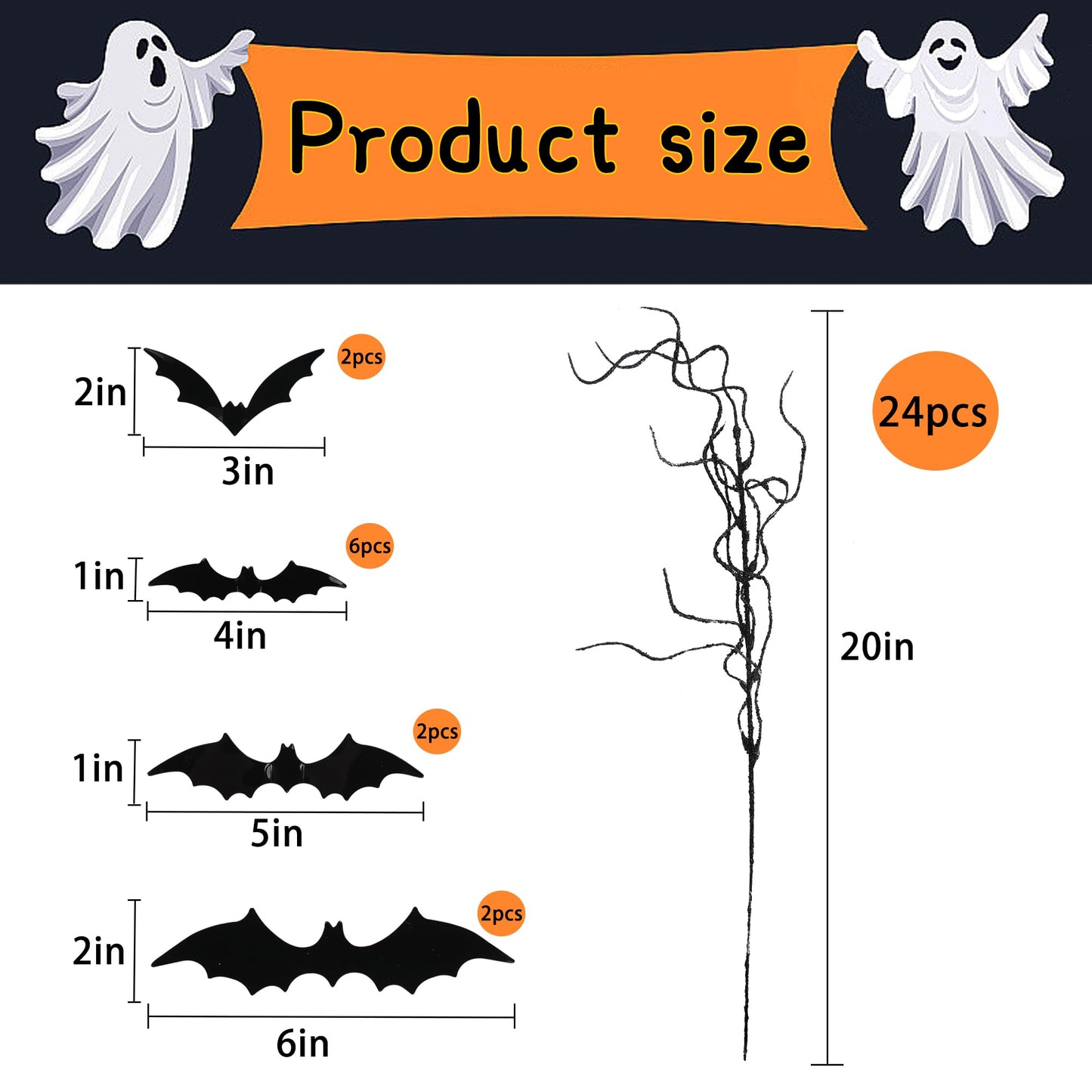 24 Pcs Halloween Artificial Curly Willow Branches with 12 Pcs Bats- Fake Black Bat Halloween Branches Picks- Glitter Artificial Black Twig Stems Sticks for Holiday Tree Vase Home Decor