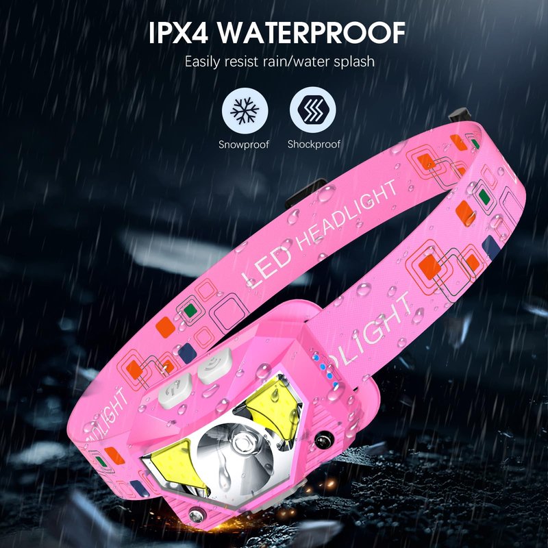LHKNL Headlamp Flashlight, High Lumen Bright LED Rechargeable Headlight with White Red Light, 2-Pack Waterproof Motion Sensor Head Lamp, 8 Mode for Camping Running Hiking Fishing Gear- Pink