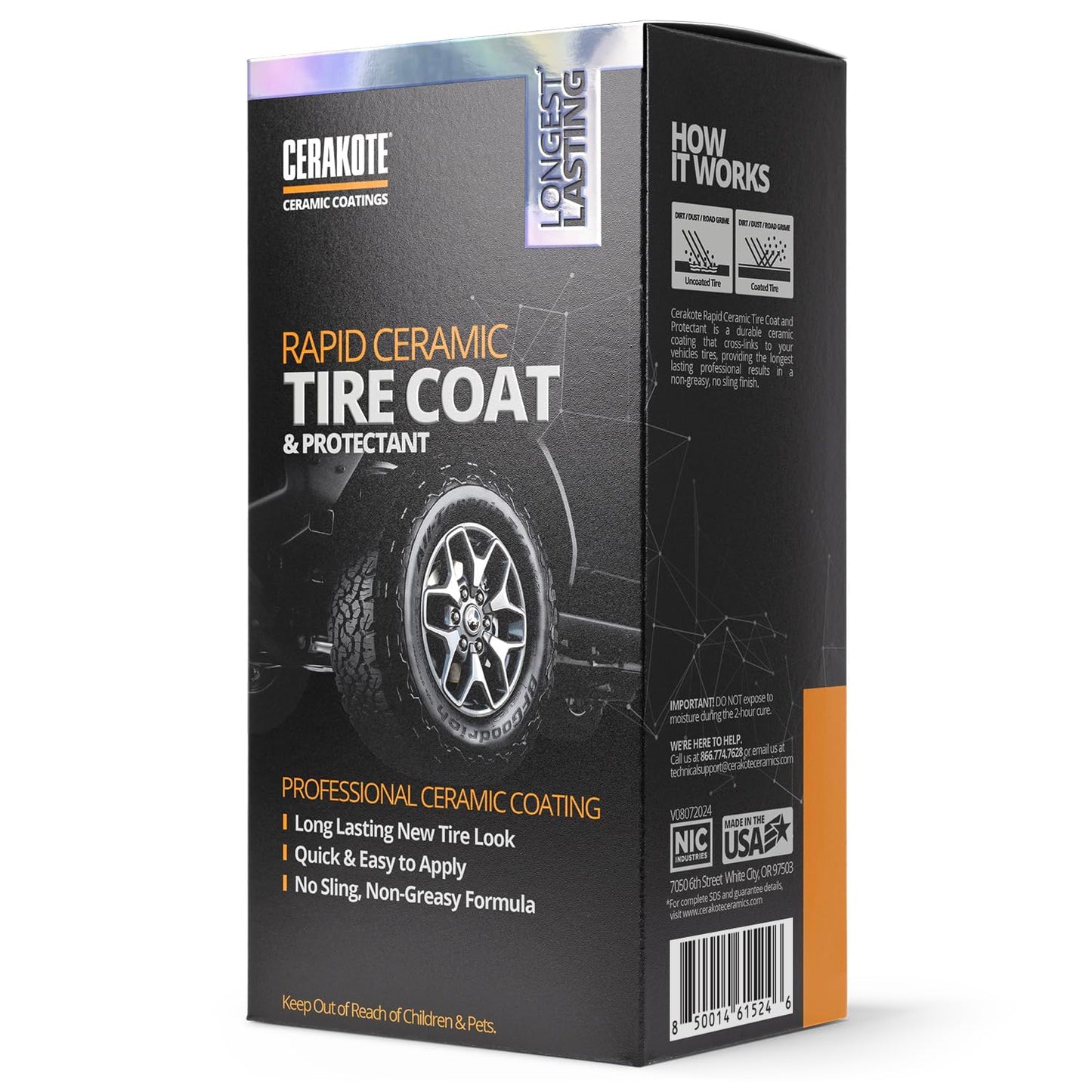 CERAKOTE Rapid Ceramic Tire Coat – Showroom New Tire Shine – Deep Tire Black Finish – Lasts Up to 10x Longer – No Sling, Non-Greasy Ceramic Tire Coating for Car, Truck & SUV – Easy Application (10oz)