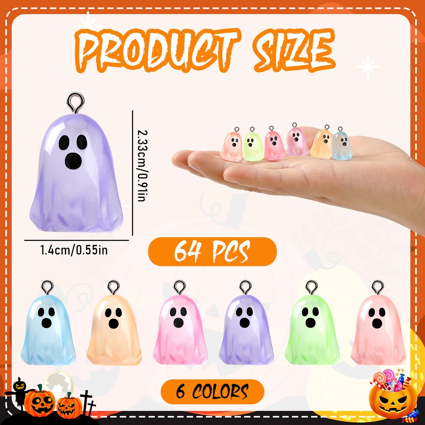 Augshy 64 Pcs Halloween Ghost Charms, Resin Ghost Charms Luminous Ghost Beads Halloween Pendant Bulk Glow in The Dark Ornament for DIY Bracelet Necklace Earrings Jewelry Making Accessories Decorations