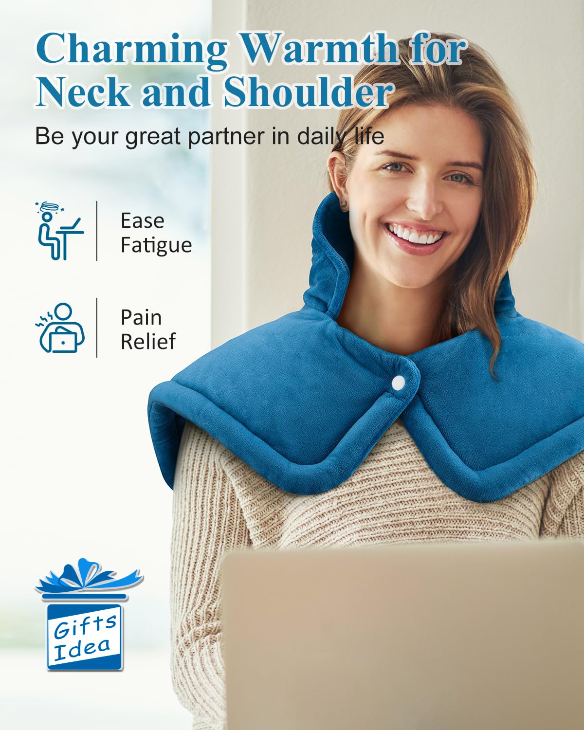 Heating Pad for Neck Shoulders Back, Valentines Day Gifts for Him Her Men Women Mom Dad, Weighted Electric Heated Wrap 6 Heat Settings 4 Timers Auto Off, Birthday Anniversary Retirement Gifts, Blue