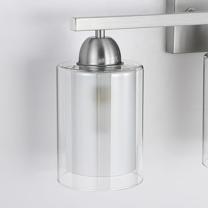 Stainless Steel Bathroom Vanity Light Over Mirror, 3 Light Brushed Nickel Bathroom Light Fixtures with Milk Glass and Clear Glass Shades, Modern Vanity Lighting Wall Mount
