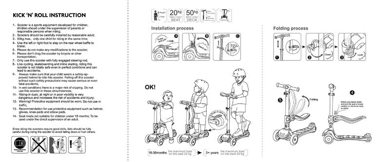 Kicknroll Kids Kick Scooter 2-in-1 Light Up 3 Wheel Scooters with 4 Levels Adjustable Handlebar, Folding Seat, Extra Wide No-Slip Deck for Girls Boys Ages 3-8 Years Old Max 110 Lbs