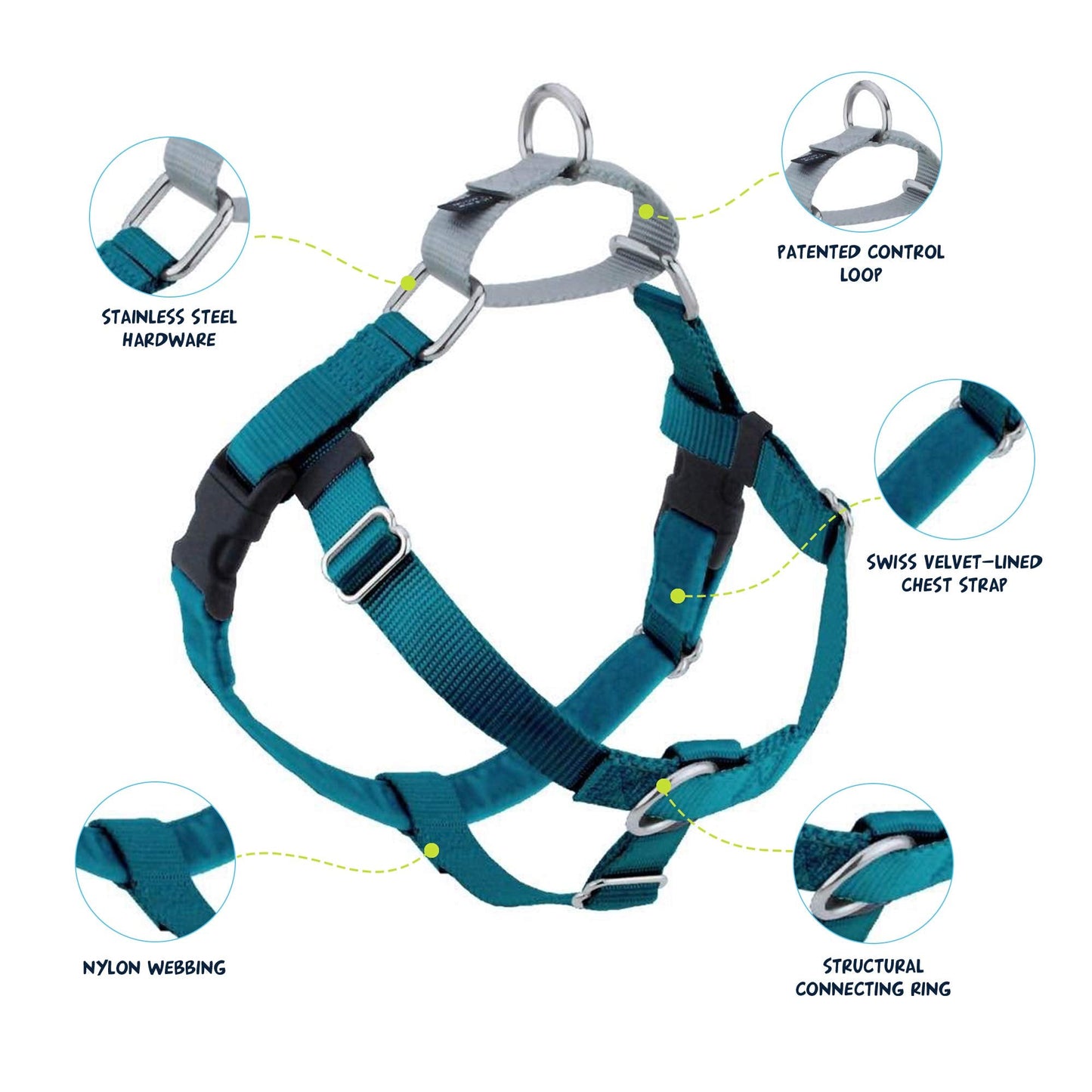2 Hounds Design Freedom No Pull Dog Harness, Adjustable Harness, Easy Walking & Comfortable Control, Fits Small, Medium & Large Dogs, Solid Colors, Made in USA, 1" LG, Teal