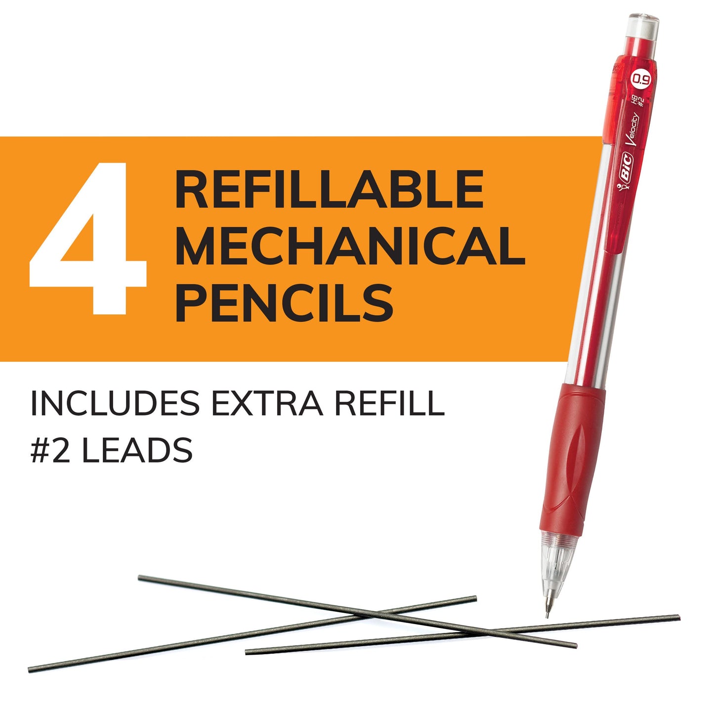 BIC Velocity Strong Lead Mechanical Pencils, With Colorful Barrel, Thick Point (0.9mm), 4-Count Pack Mechanical Pencils With Erasers