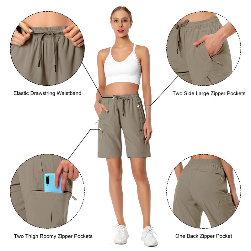 Hugut Women's Lightweight Hiking Cargo Shorts Quick Dry Athletic Shorts Camping Travel Golf Zipper Pockets Water Resistant Dark Khaki