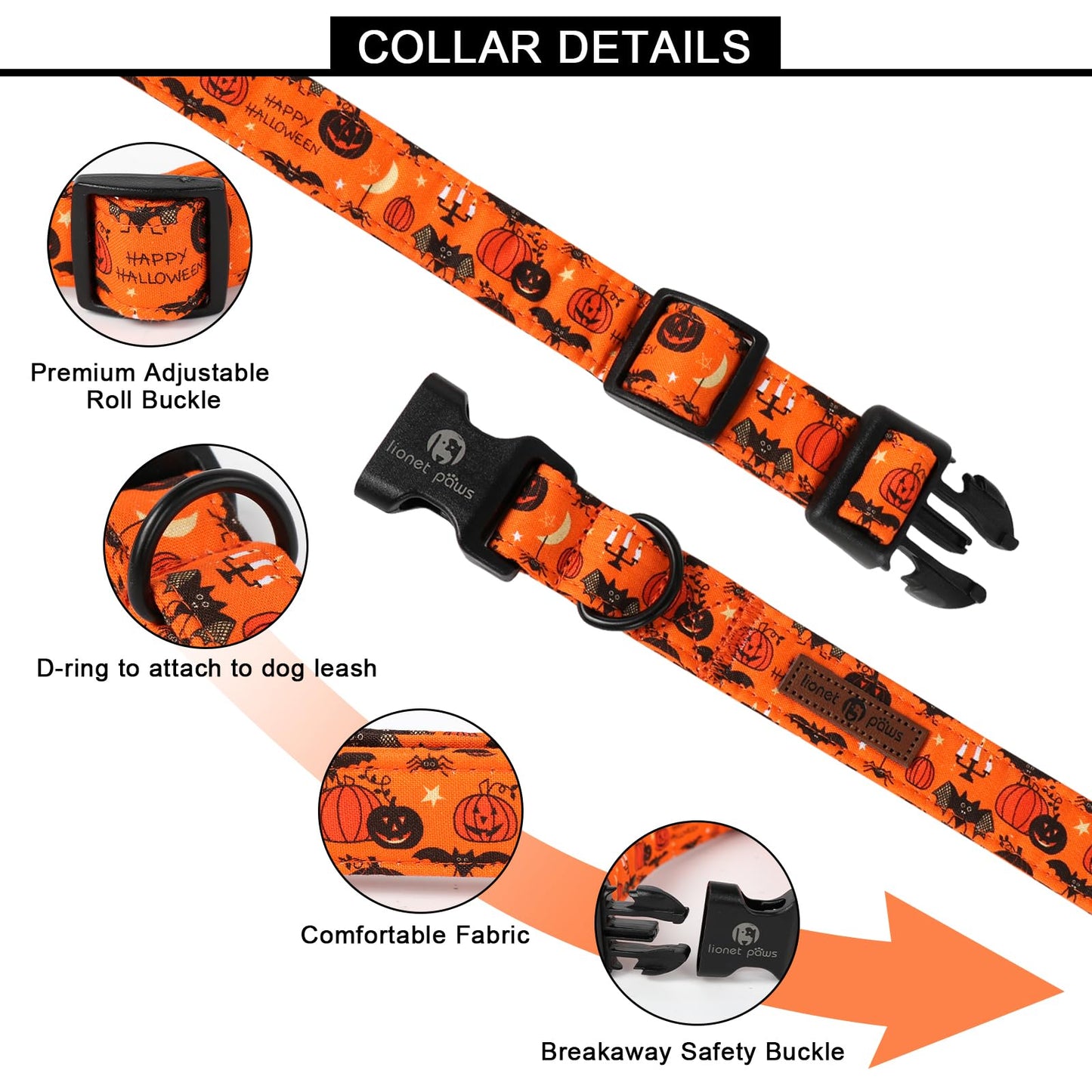 Lionet Paws Halloween Dogs Collar Orange, Bat Pmupkin Collars with Quick Release Buckle for Boy Dogs, Medium, Neck 13.5-22 inches