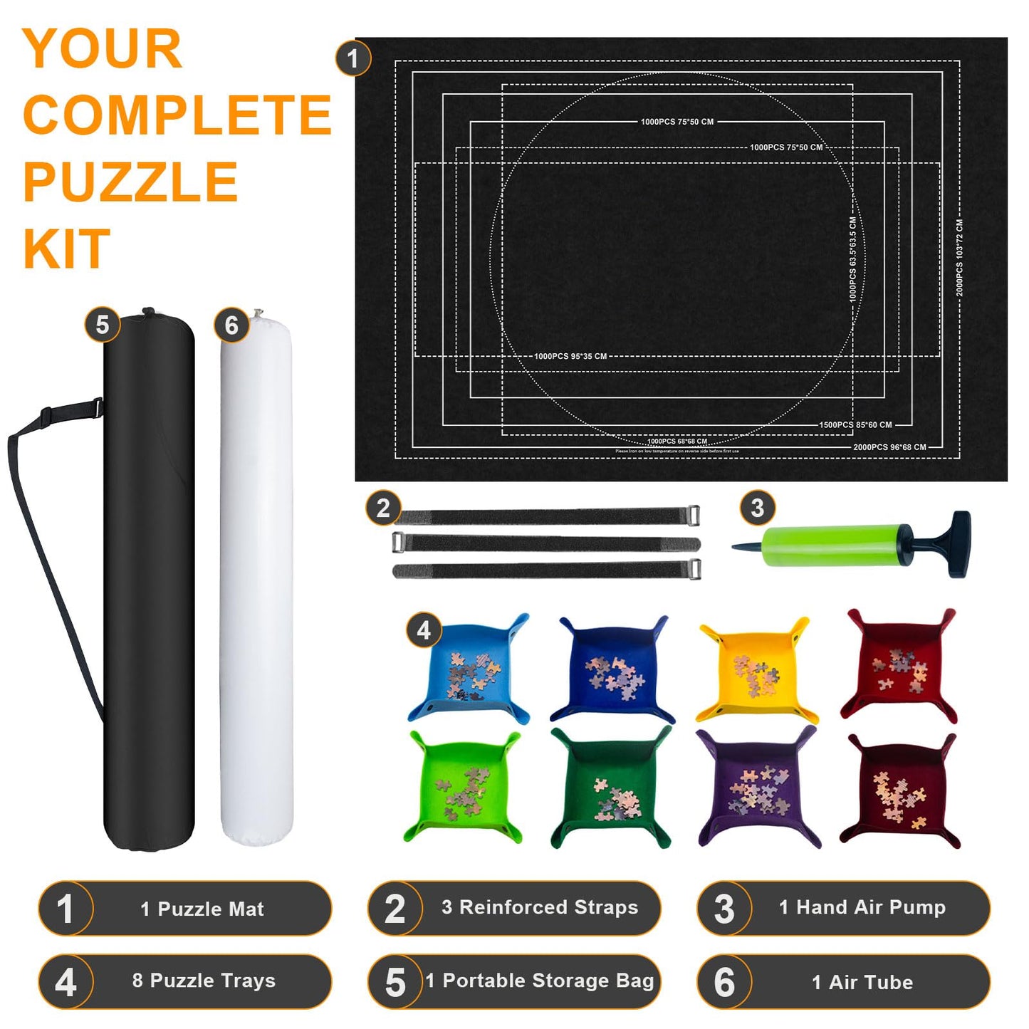 Napzy Jigsaw Puzzle Mat with 8 Sorter Trays, Roll Up Storage for 2000 1500 1000 Pieces Puzzle, Portable Puzzle Saver & Organizer, Inflatable Tube, Air Pump, Straps & Carry Bag for Travel