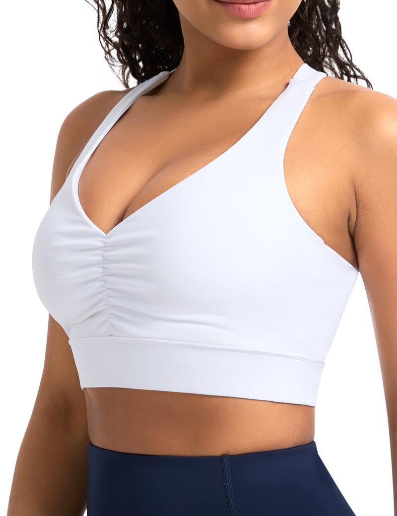THE GYM PEOPLE Women's Cross Back Ruched Sports Bra V Neck Wide Straps Removable Pads Workout Yoga Crop Top White