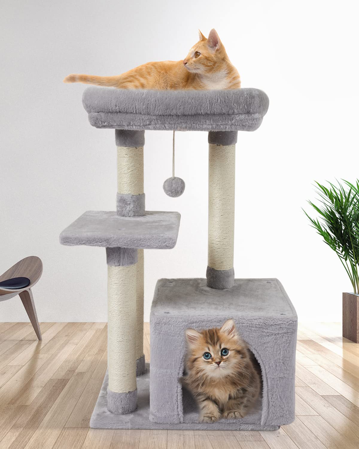 FISH&NAP Cute Cat Tree Kitten Cat Tower for Indoor Cat Condo Sisal Scratching Posts with Jump Platform Cat Furniture Activity Center Play House Grey