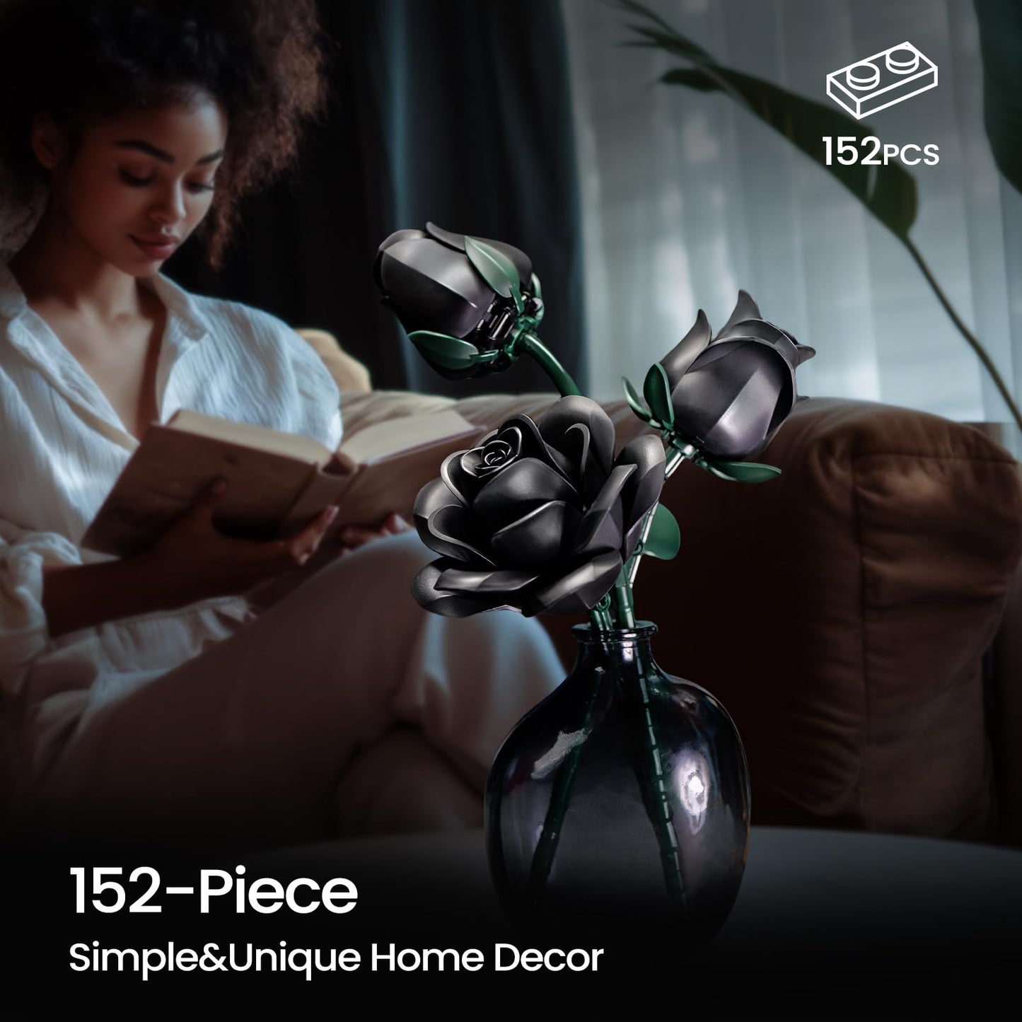 iATOM Black Roses Flower Building Set - 3Pack, Compatible with Lego Bouquet for Adults, Gift for Halloween - Gothic Horror Retro Artificial Flowers Botanical Collection Home Decor - IA11009