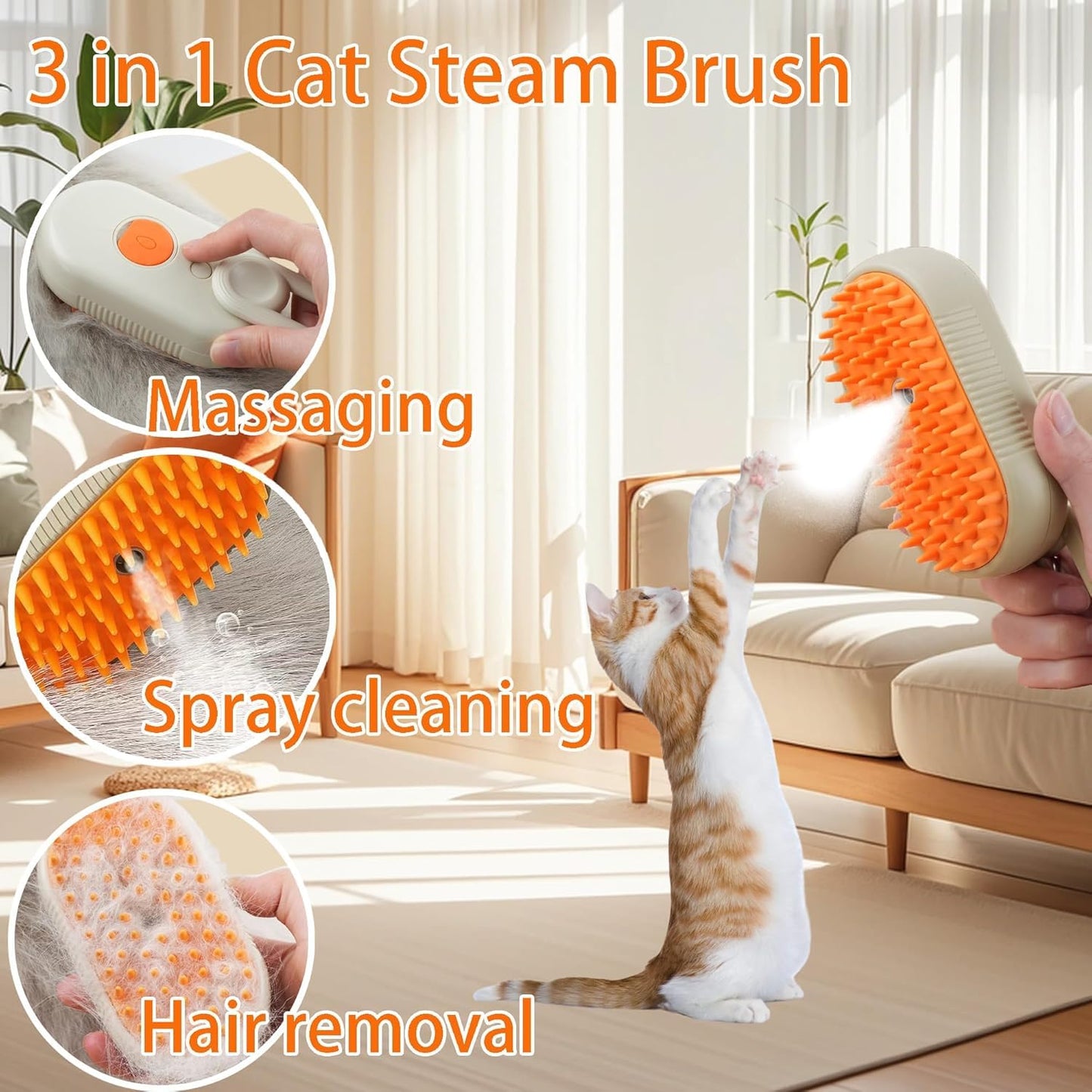 Cat Steam Brush for Shedding Dog Brush with Steam Pet Hair Cleaning Brush Comb for Spray 3 in 1 Pet Grooming for Long & Short Haired Pets – Spritz Defur Comb for cats(orange)