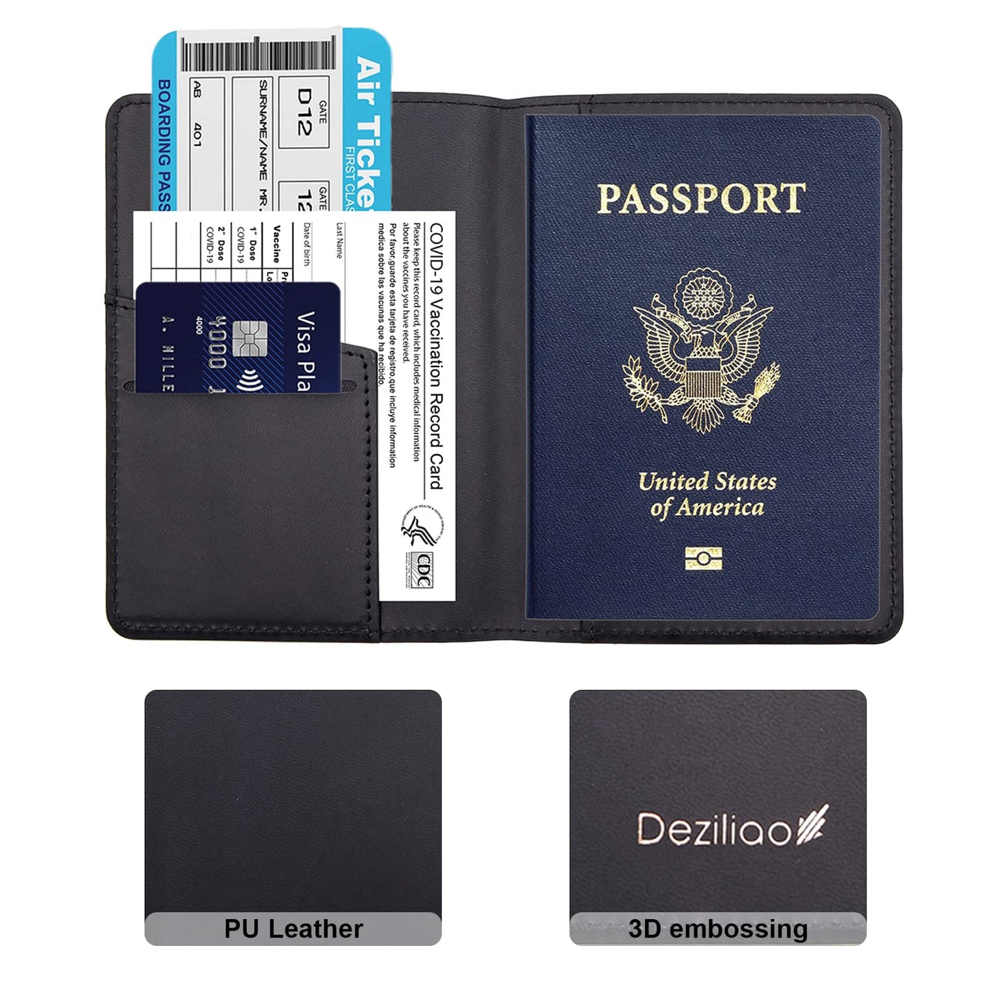 Deziliao Passport Holder,Passport Holder Card Slots, Passport and Vaccine Card Holder Combo, Cute Passport cover for Women and Men, with Waterproof Rfid Blocking, Passport Travel Wallet(Black)