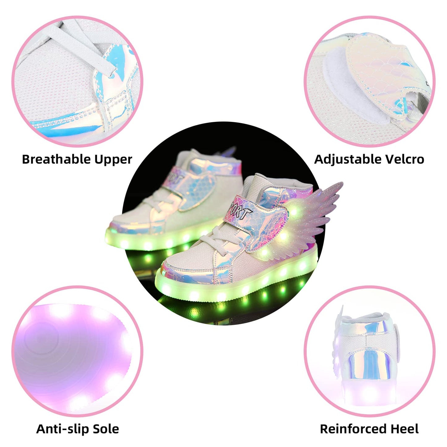 BFOEL Wings Sneakers Kids LED Light up Shoes USB Charging Flashing High-top Sneakers for Boys Girls Child Unisex(3.5 Big Kid White 35)