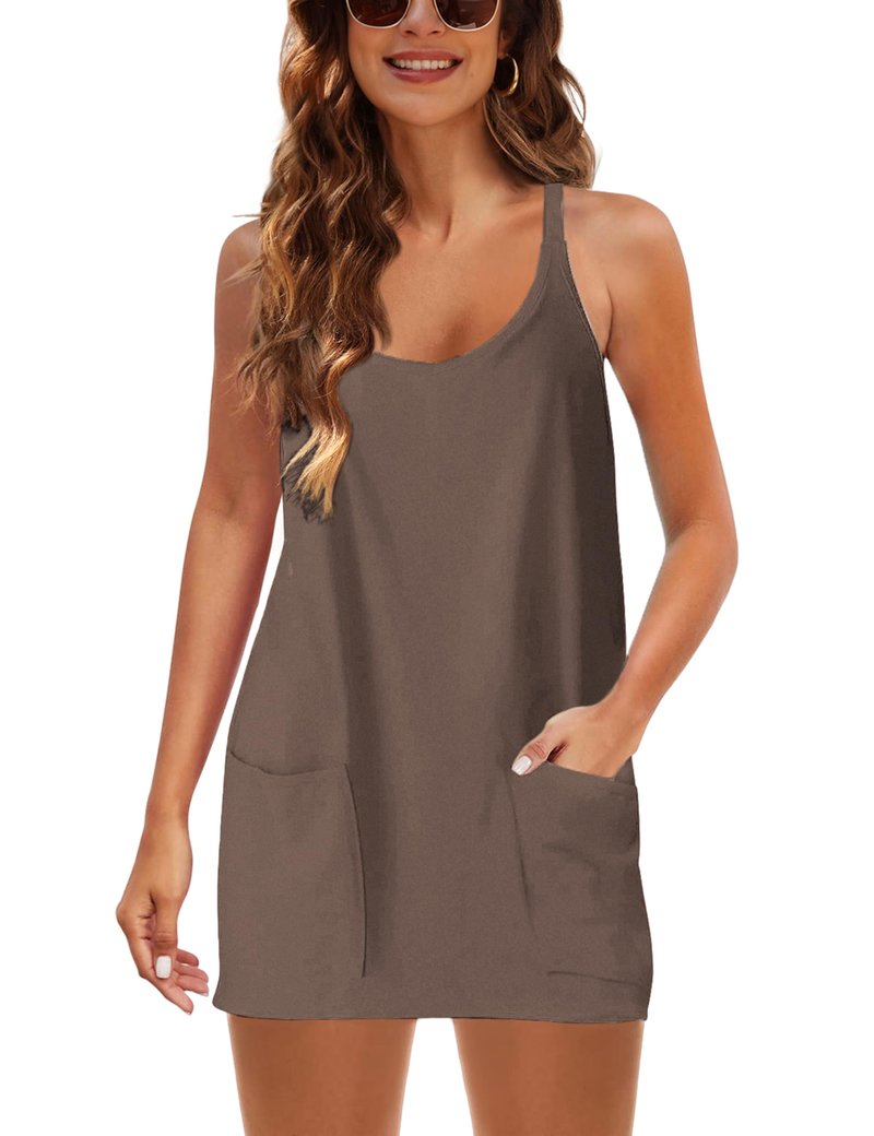Lentta Womens Athletic Sleeveless Mini Dress with Built-in Shorts V Neck Spaghetti Strap Sundress(LightCoffee-L)